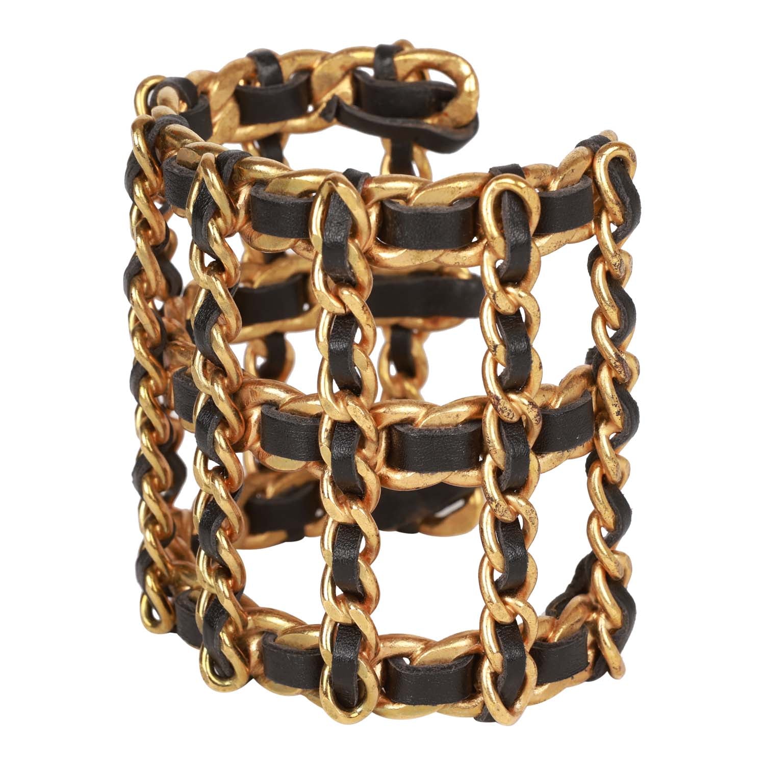 Vintage Chanel Gold Chain and Black Leather Cuff Bracelet - Image 3