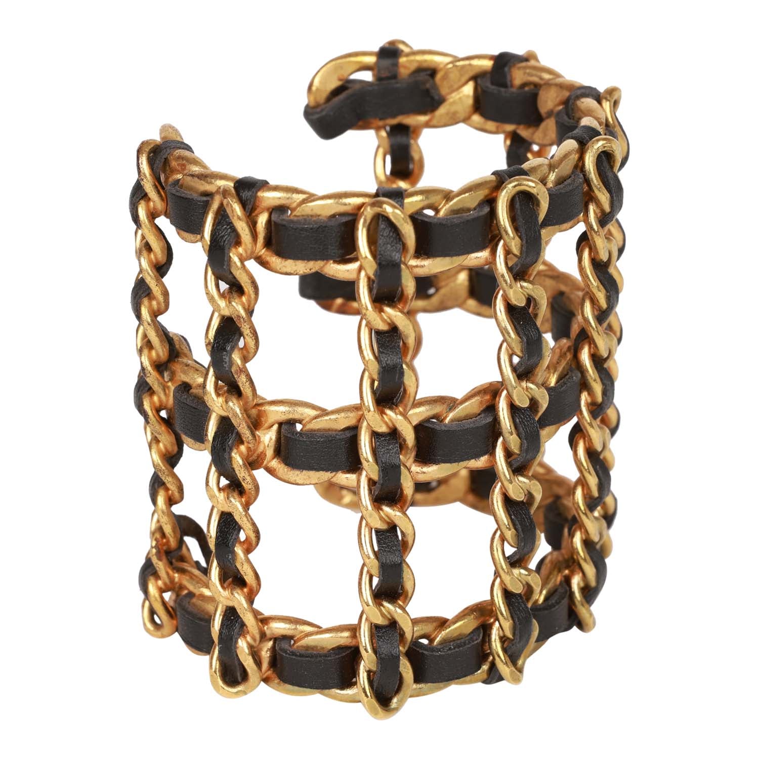 Vintage Chanel Gold Chain and Black Leather Cuff Bracelet - Image 4