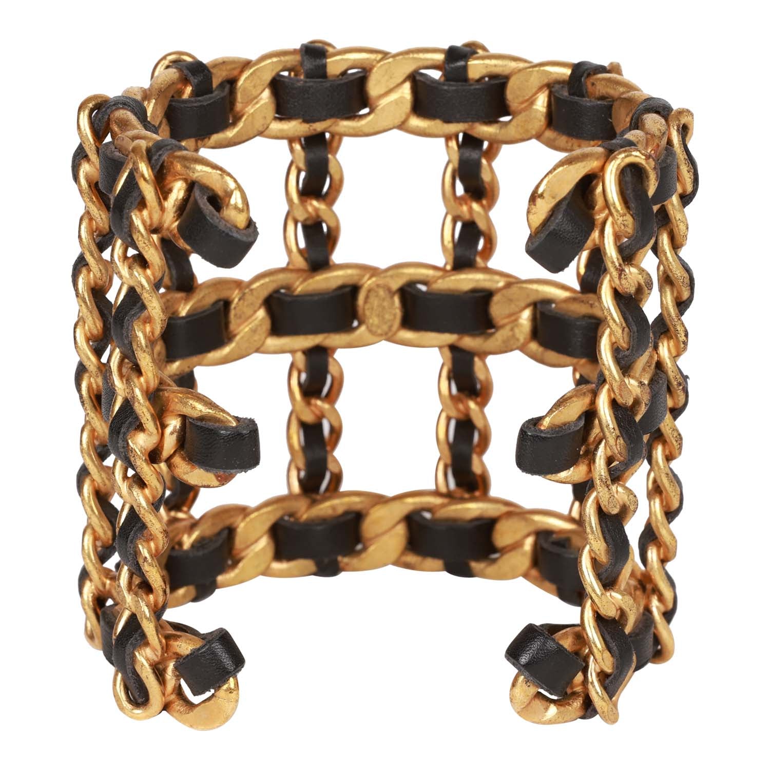 Vintage Chanel Gold Chain and Black Leather Cuff Bracelet - Image 5