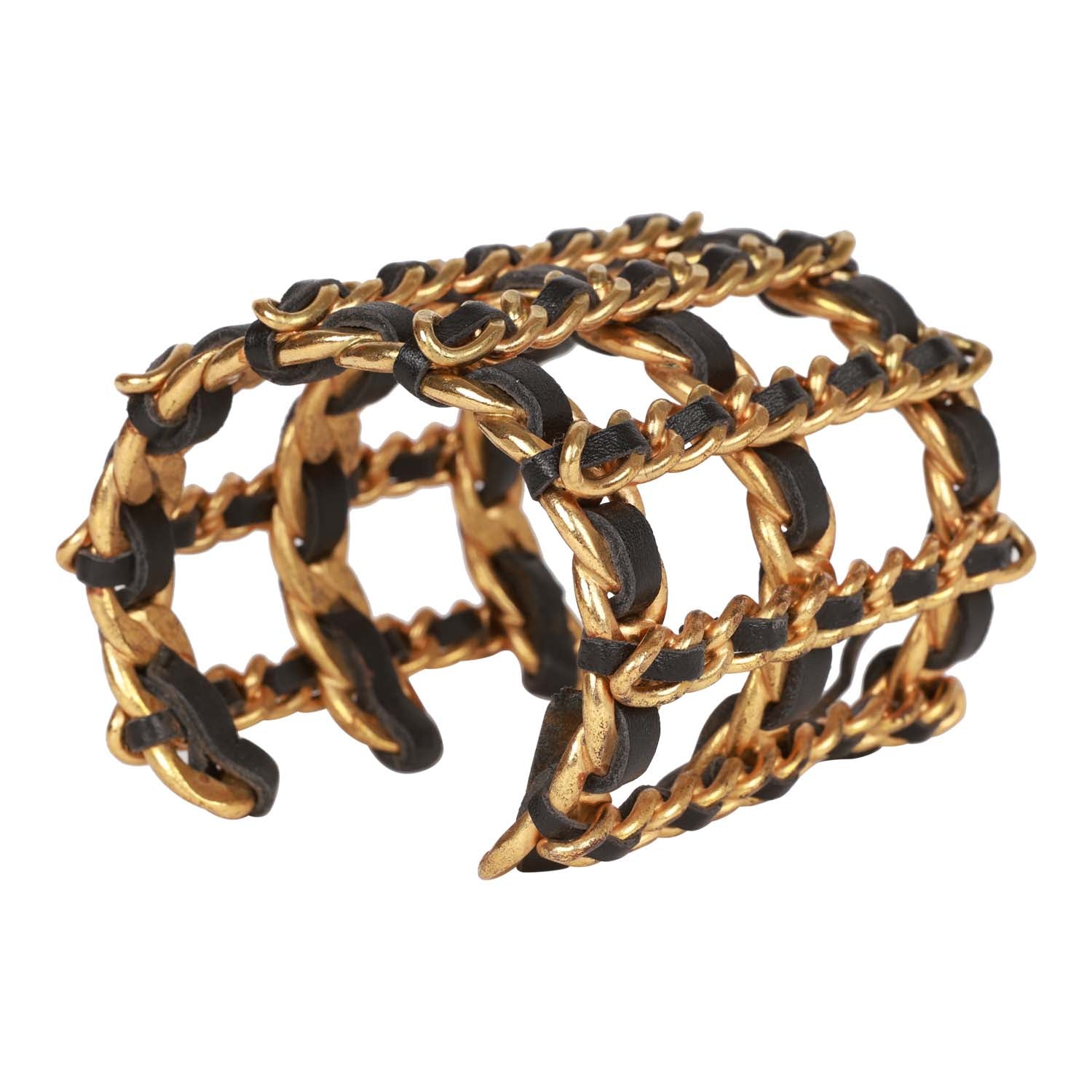 Vintage Chanel Gold Chain and Black Leather Cuff Bracelet - Image 7