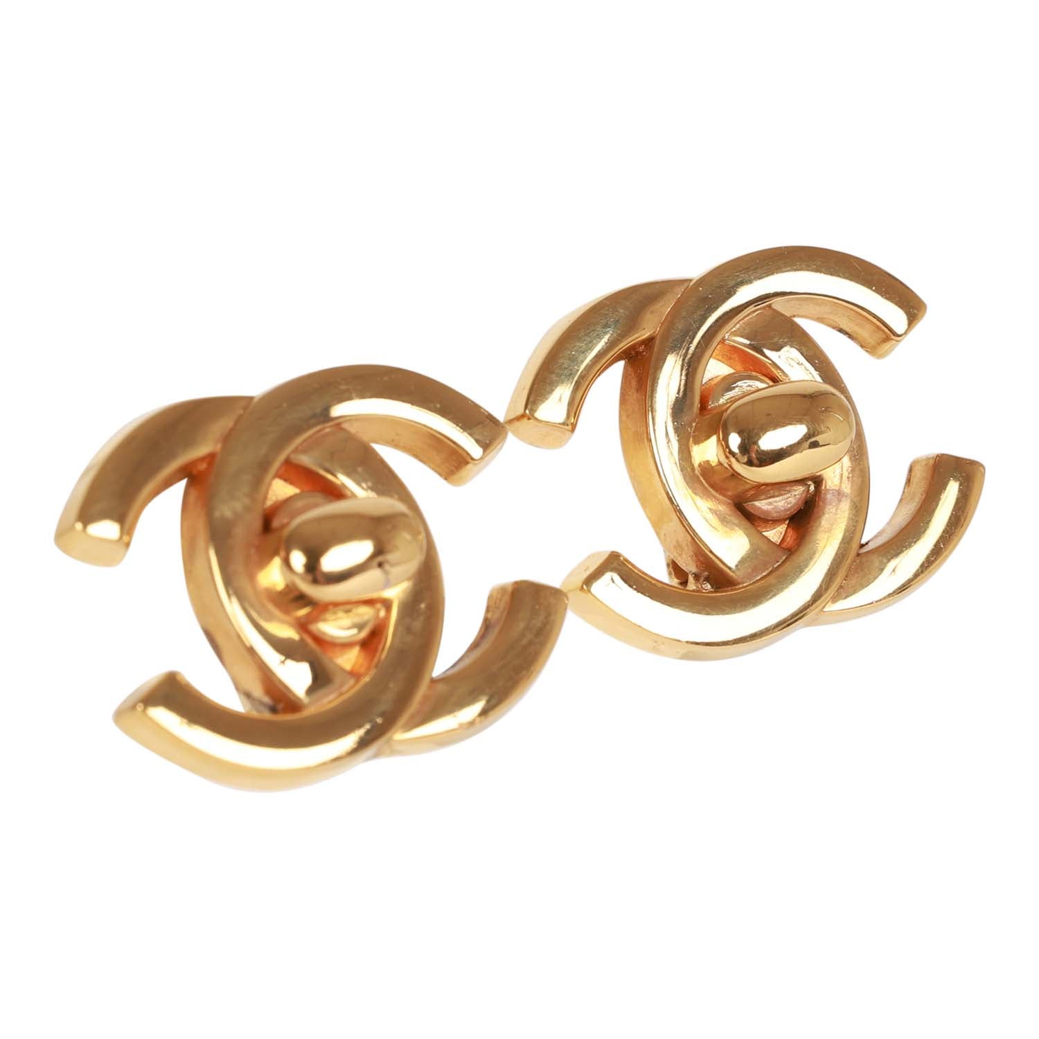 Vintage Chanel Gold Plated Classic Turnlock CC Earrings - Image 2