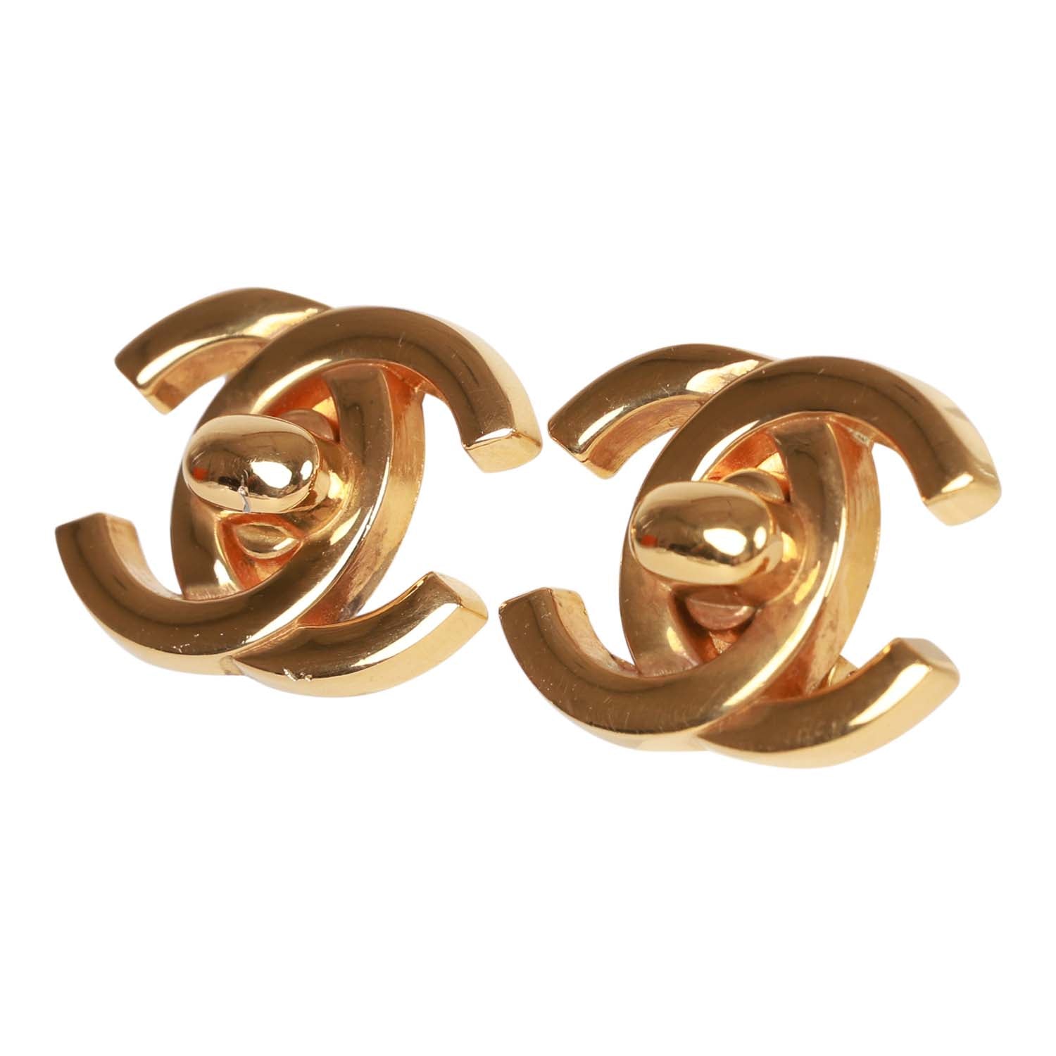 Vintage Chanel Gold Plated Classic Turnlock CC Earrings - Image 3