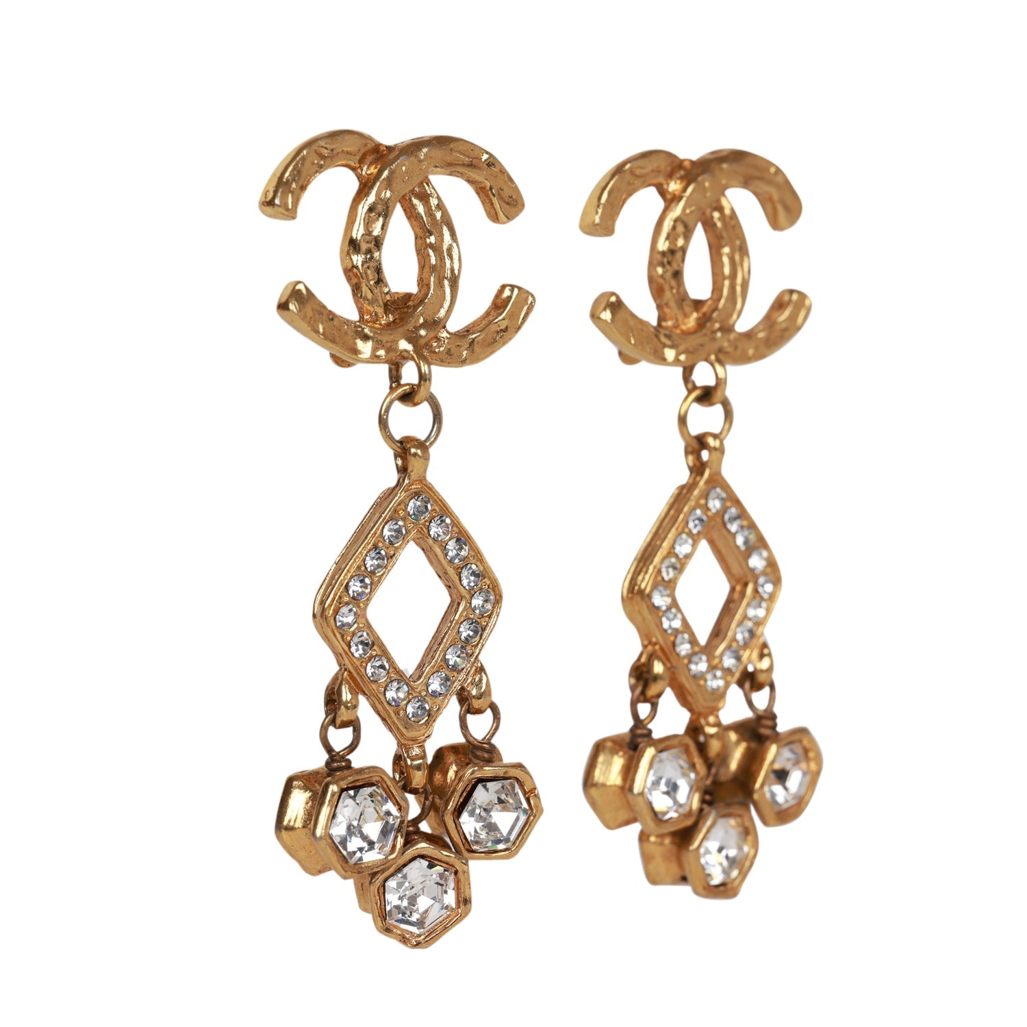 Vintage Chanel Gold Plated Textured Rhinestone Dangle Clip On Earrings - Image 2