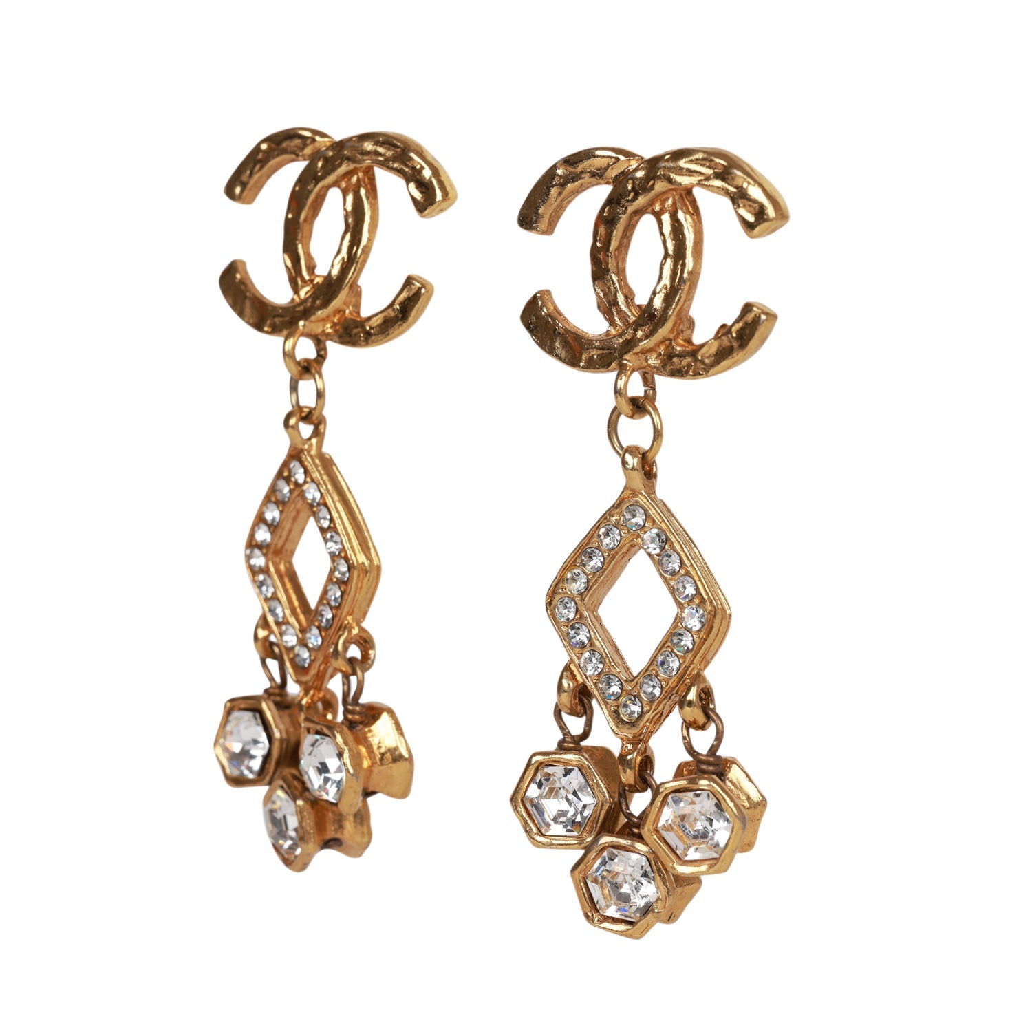 Vintage Chanel Gold Plated Textured Rhinestone Dangle Clip On Earrings - Image 3