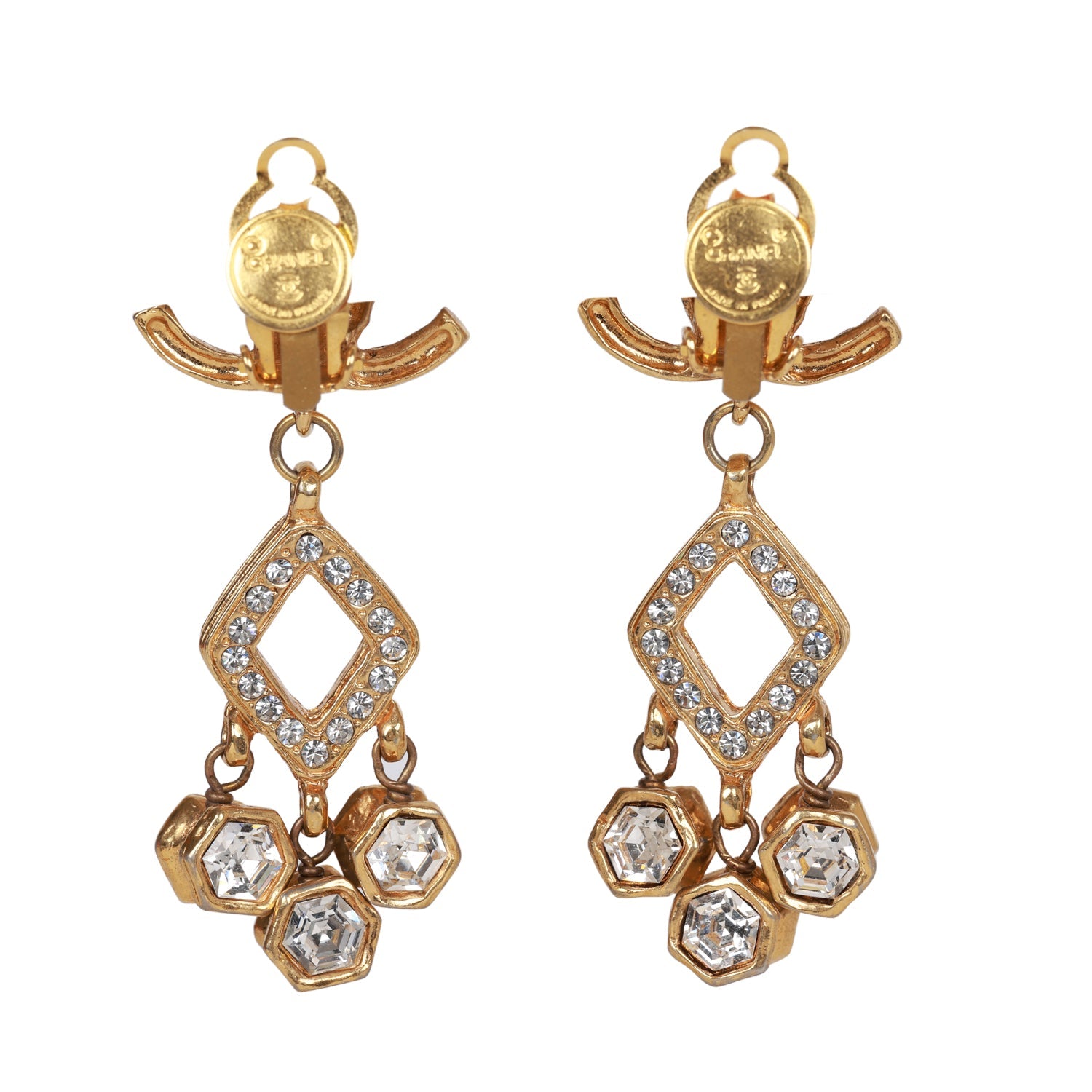 Vintage Chanel Gold Plated Textured Rhinestone Dangle Clip On Earrings - Image 5