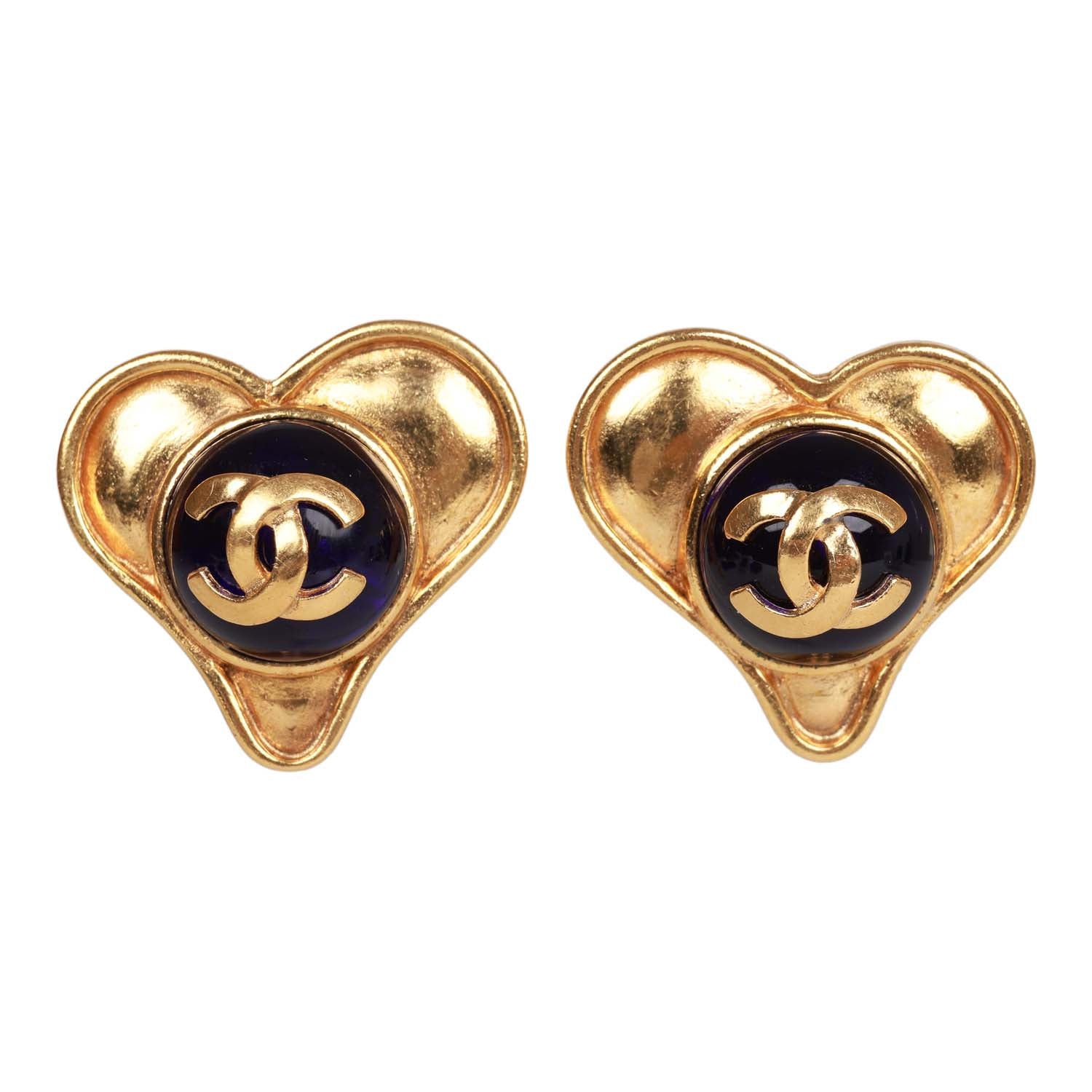 Vintage Chanel Blue CC Logo Gripoix Heart Earrings