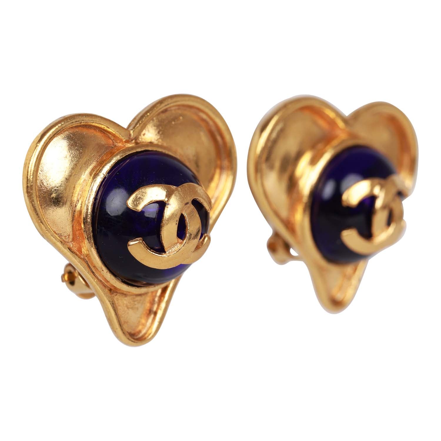 Vintage Chanel Blue CC Logo Gripoix Heart Earrings - Image 2