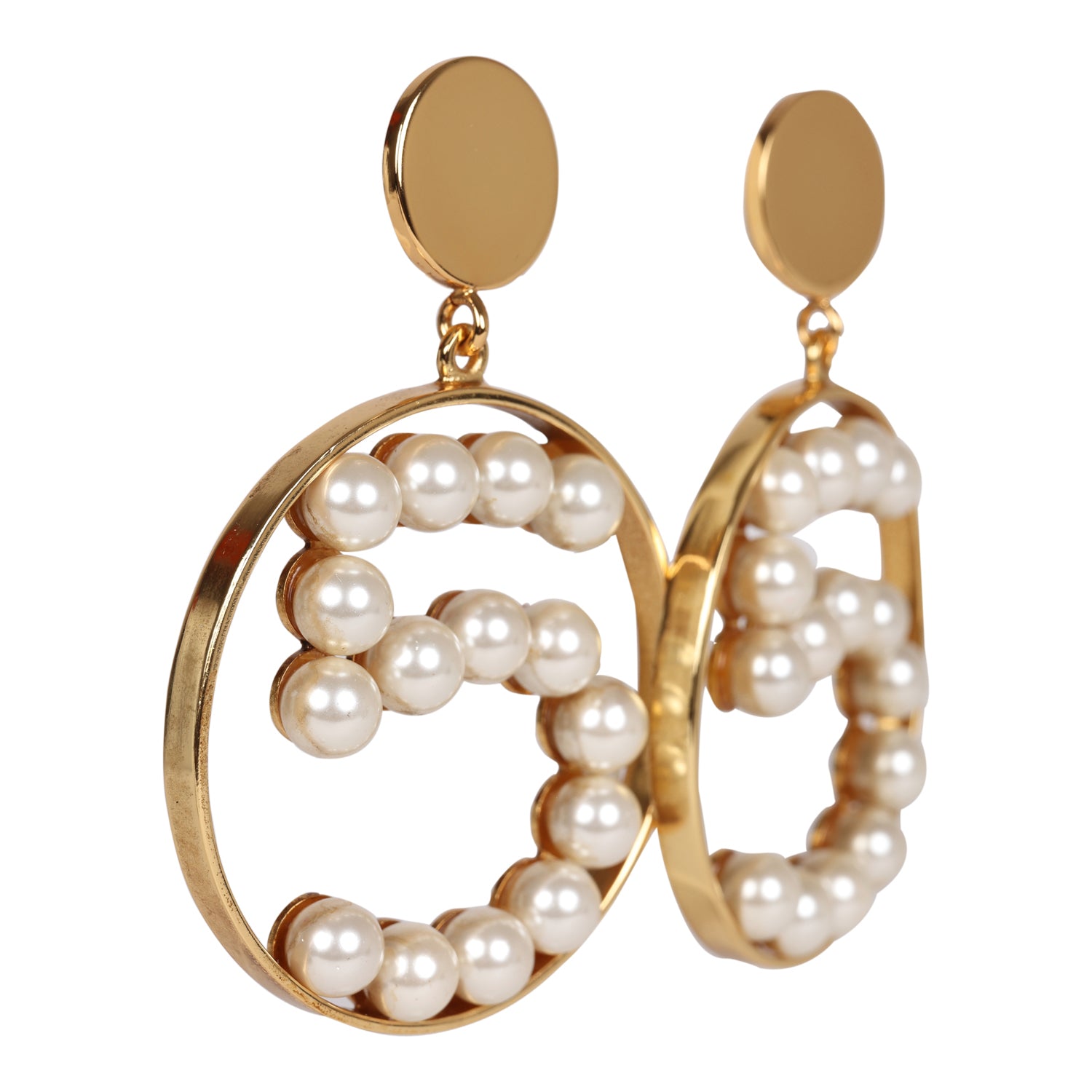 Vintage Chanel Jumbo No. 5 Circle Dangle Earrings Faux Pearl and Gold Metal - Image 2