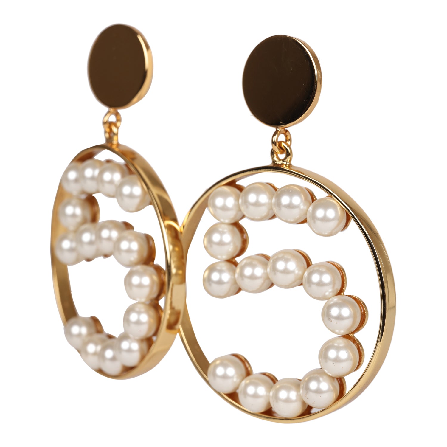 Vintage Chanel Jumbo No. 5 Circle Dangle Earrings Faux Pearl and Gold Metal - Image 3
