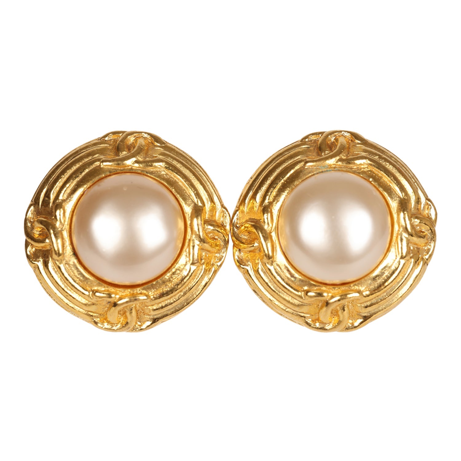 Vintage Chanel Pearl Round CC Button Clip On Earrings Faux Pearl & Gold Metal