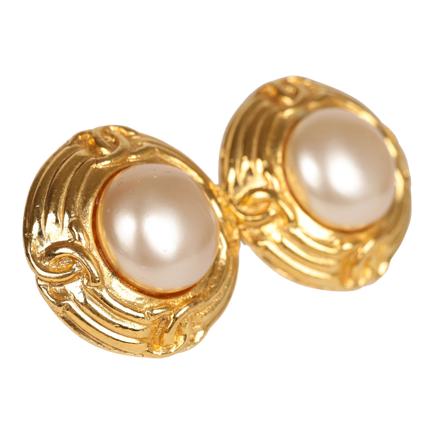 Vintage Chanel Pearl Round CC Button Clip On Earrings Faux Pearl & Gold Metal - Image 2
