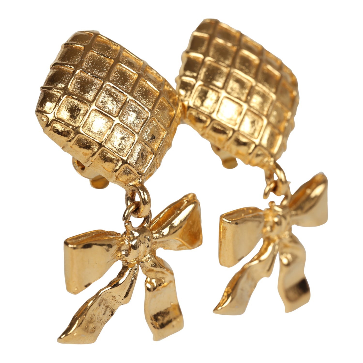 Vintage Chanel Dangle Bow Clip On Earrings Gold Metal - Image 2