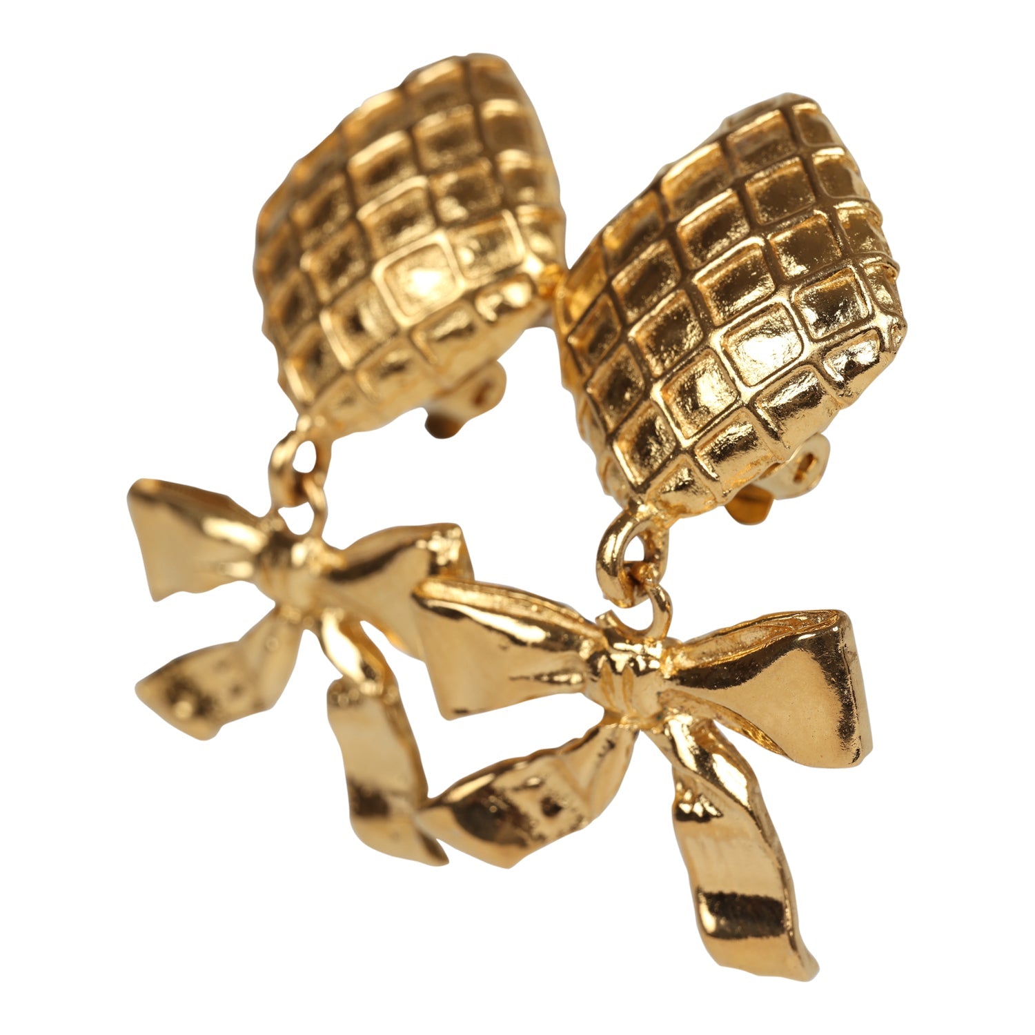 Vintage Chanel Dangle Bow Clip On Earrings Gold Metal - Image 3