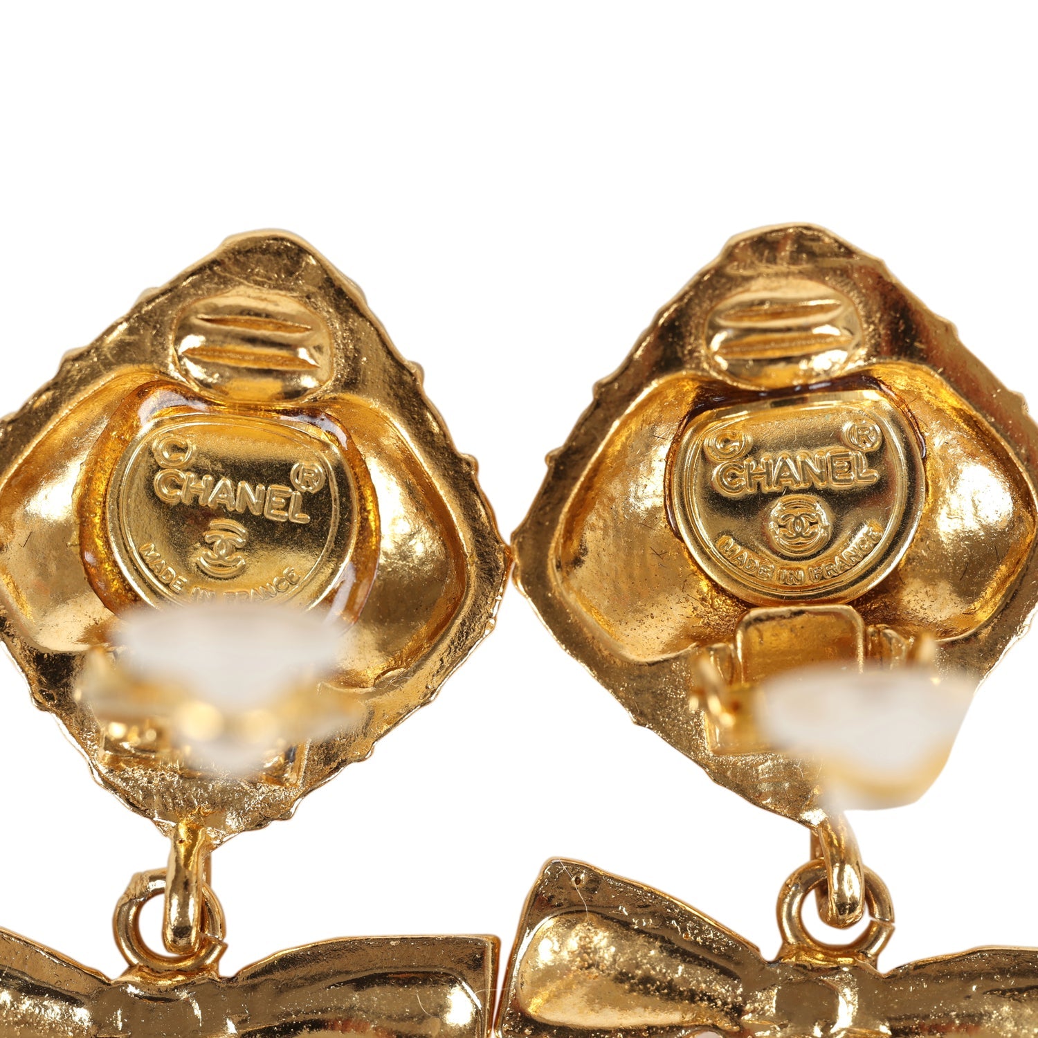 Vintage Chanel Dangle Bow Clip On Earrings Gold Metal - Image 5