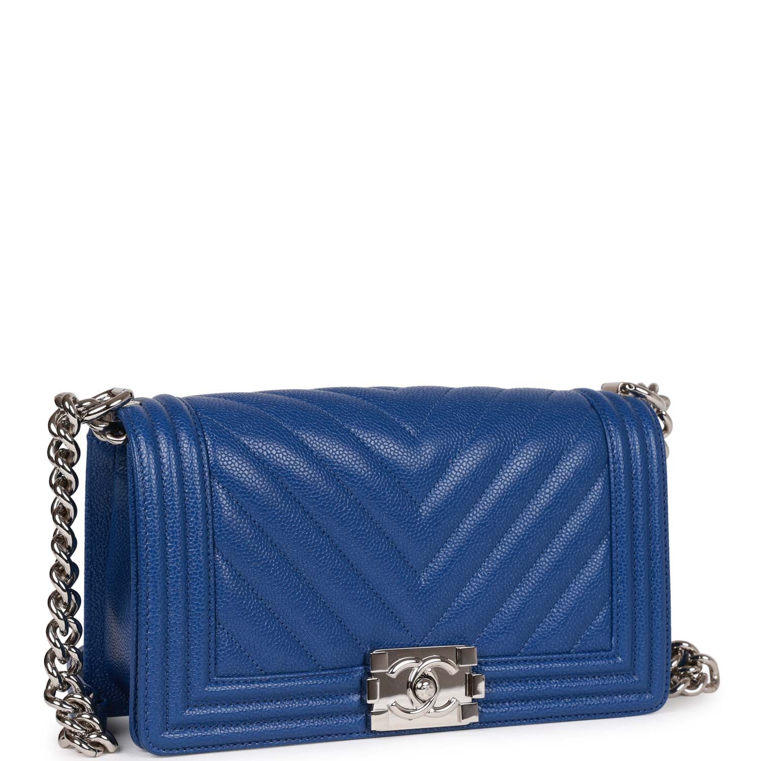 Chanel Medium Boy Bag Blue Chevron Caviar Silver Hardware - Image 2