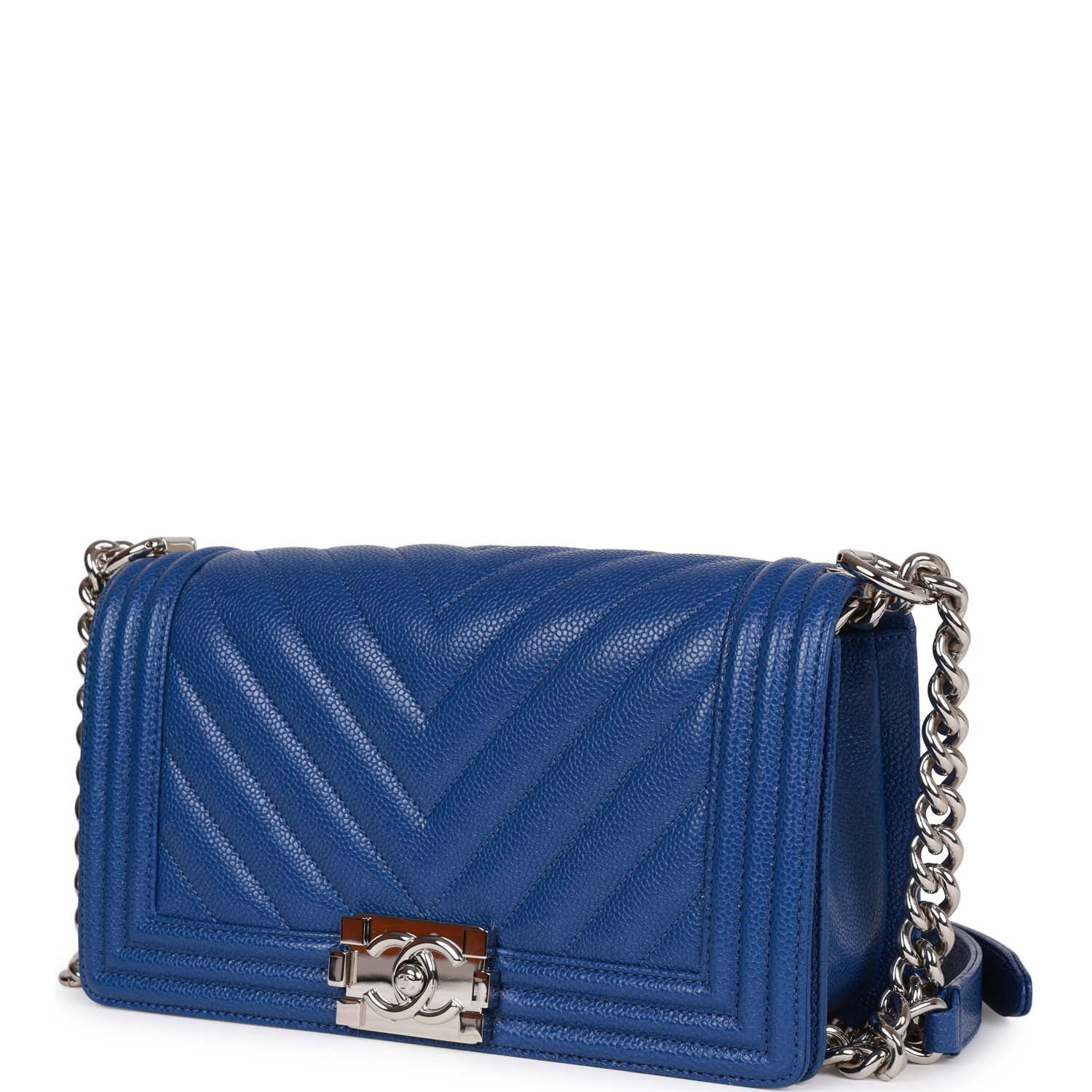 Chanel Medium Boy Bag Blue Chevron Caviar Silver Hardware - Image 5