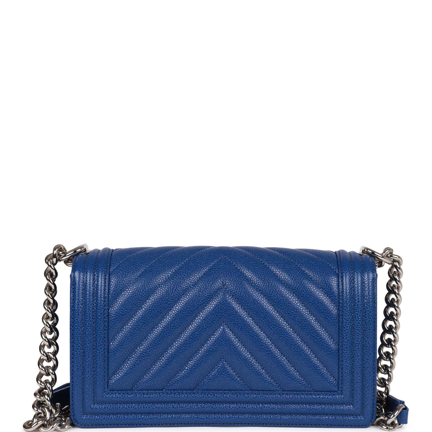 Chanel Medium Boy Bag Blue Chevron Caviar Silver Hardware - Image 4