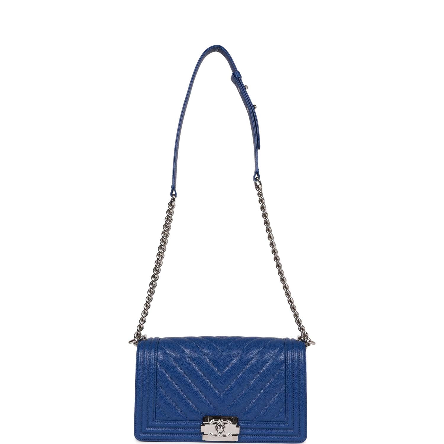 Chanel Medium Boy Bag Blue Chevron Caviar Silver Hardware - Image 7
