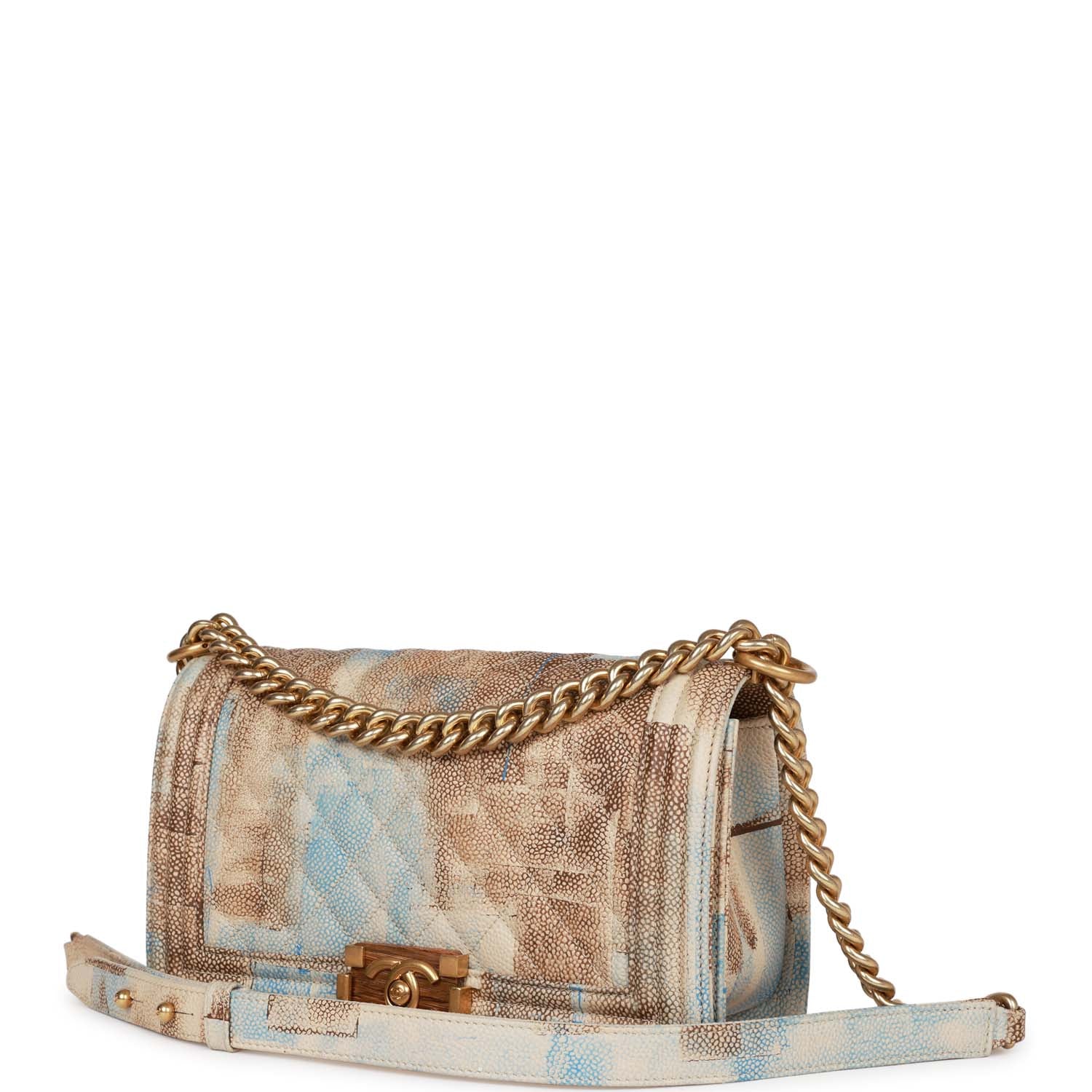 Chanel Medium Boy Bag Beige and Blue Cuba Painted Caviar Gold Hardware - Image 4