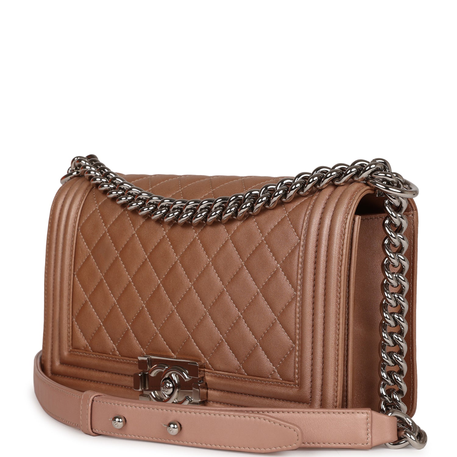 Pre-owned Chanel Medium Boy Bag Metallic Rose Gold Lambskin Silver Hardware - Image 3