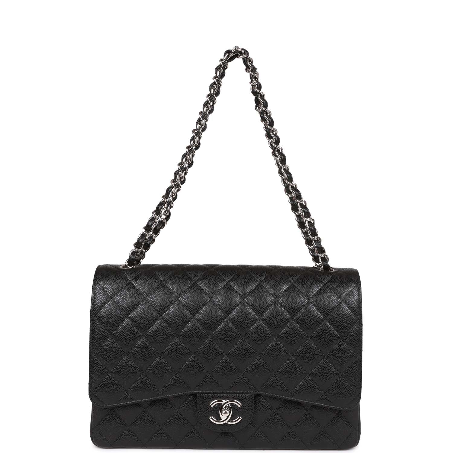Chanel Maxi Classic Double Flap Bag Black Quilted Caviar Silver Hardware - Image 7