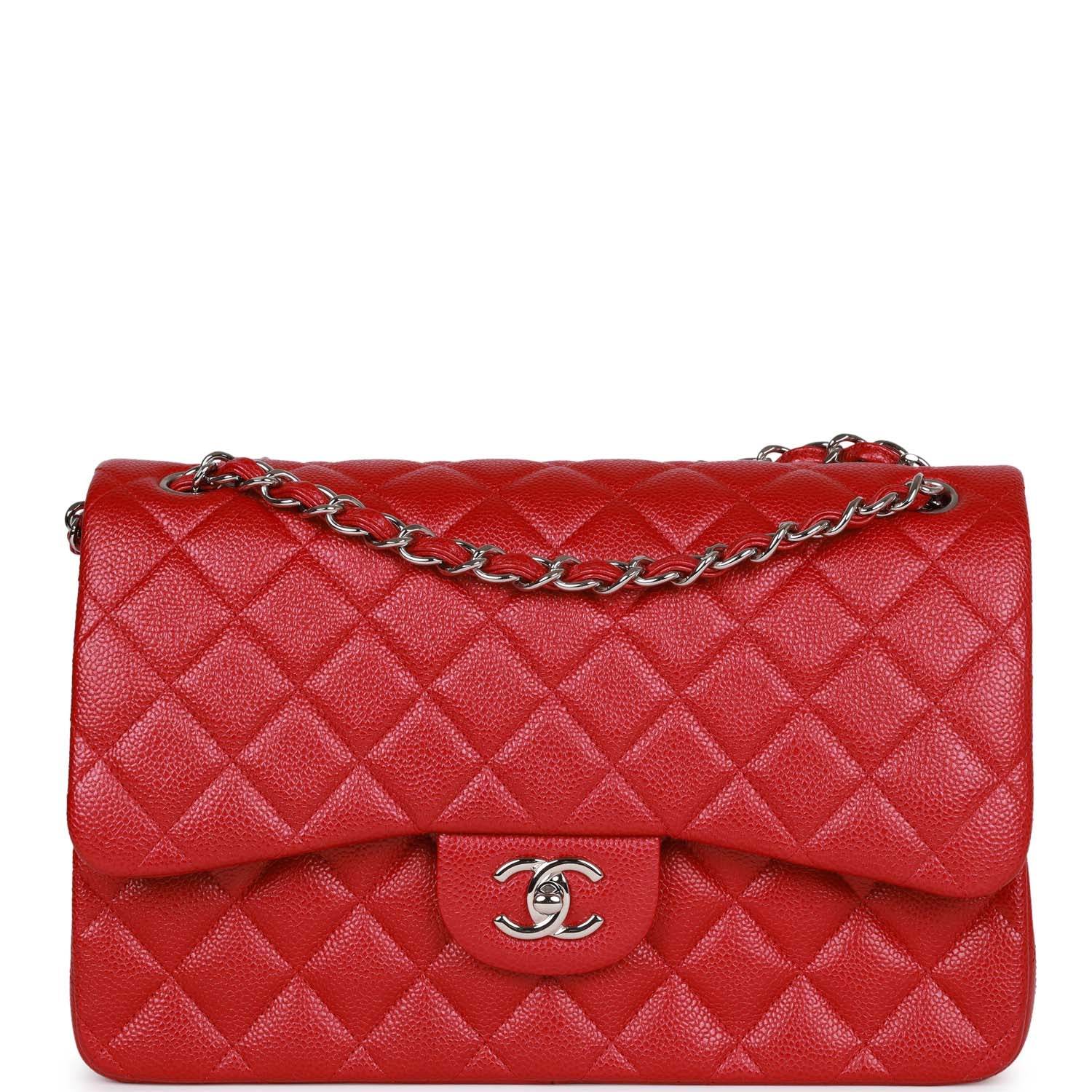 Pre-owned Chanel Jumbo Classic Double Flap Bag Metallic Red Caviar Silver Hardware
