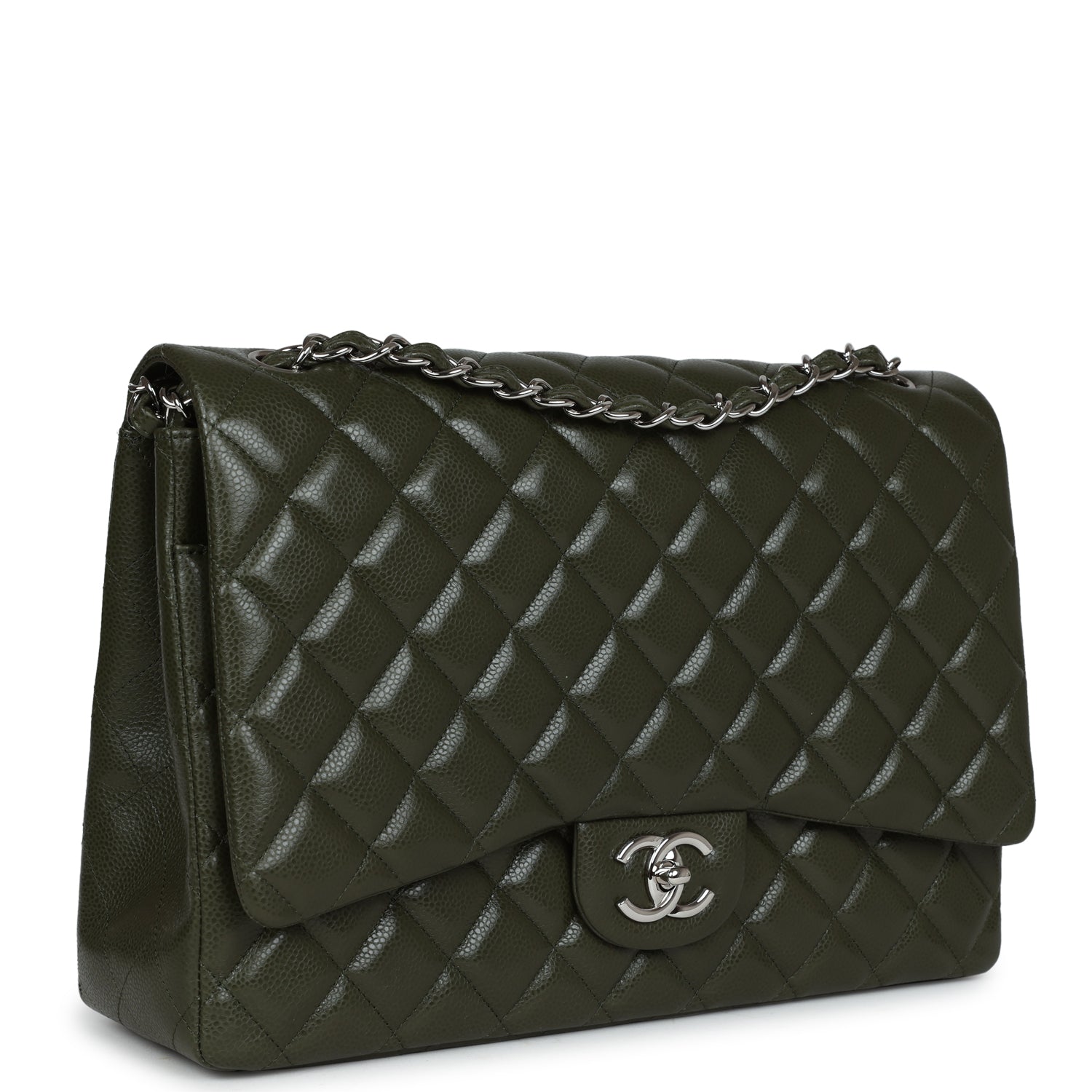 Chanel Maxi Classic Double Flap Bag Olive Green Caviar Silver Hardware - Image 2