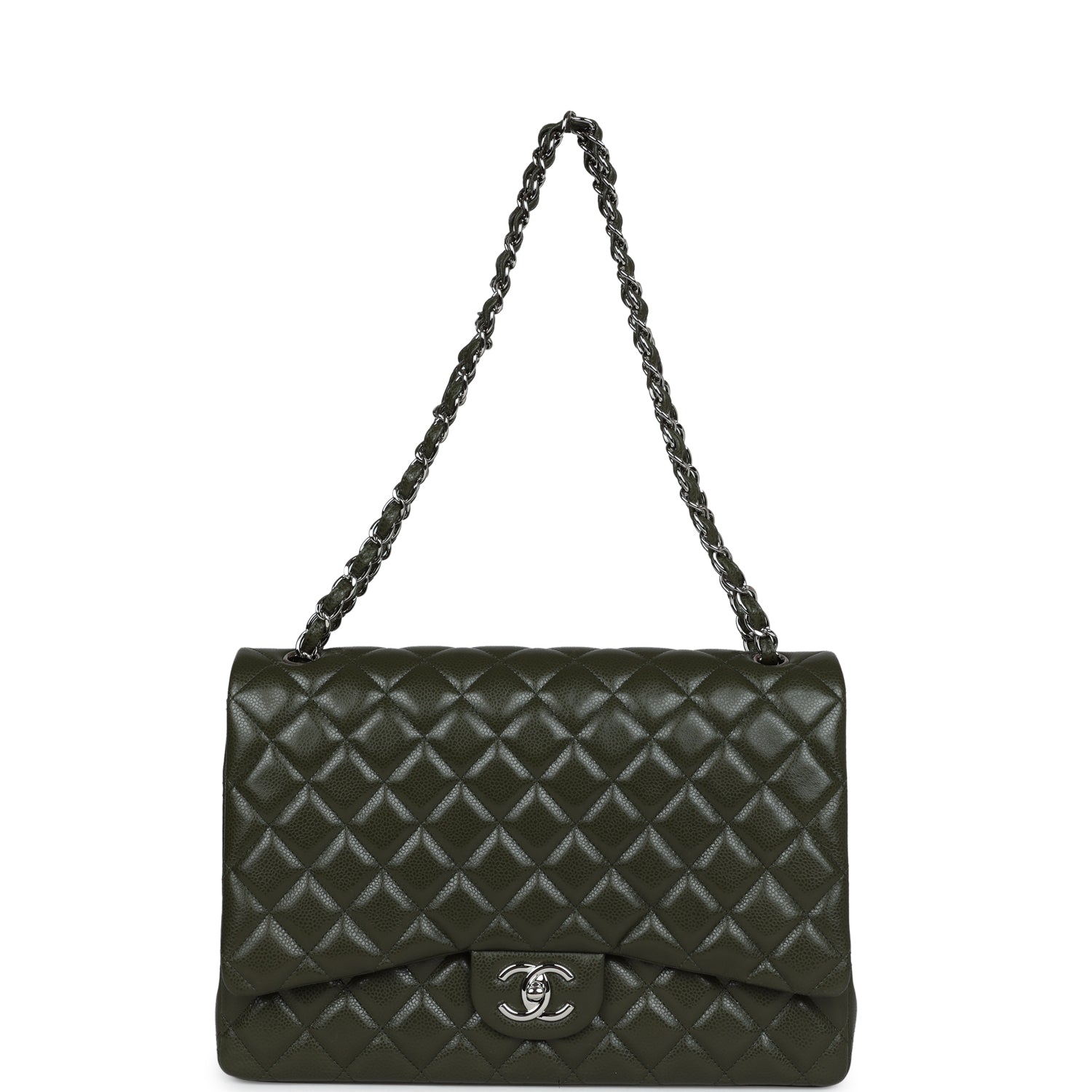 Chanel Maxi Classic Double Flap Bag Olive Green Caviar Silver Hardware - Image 7