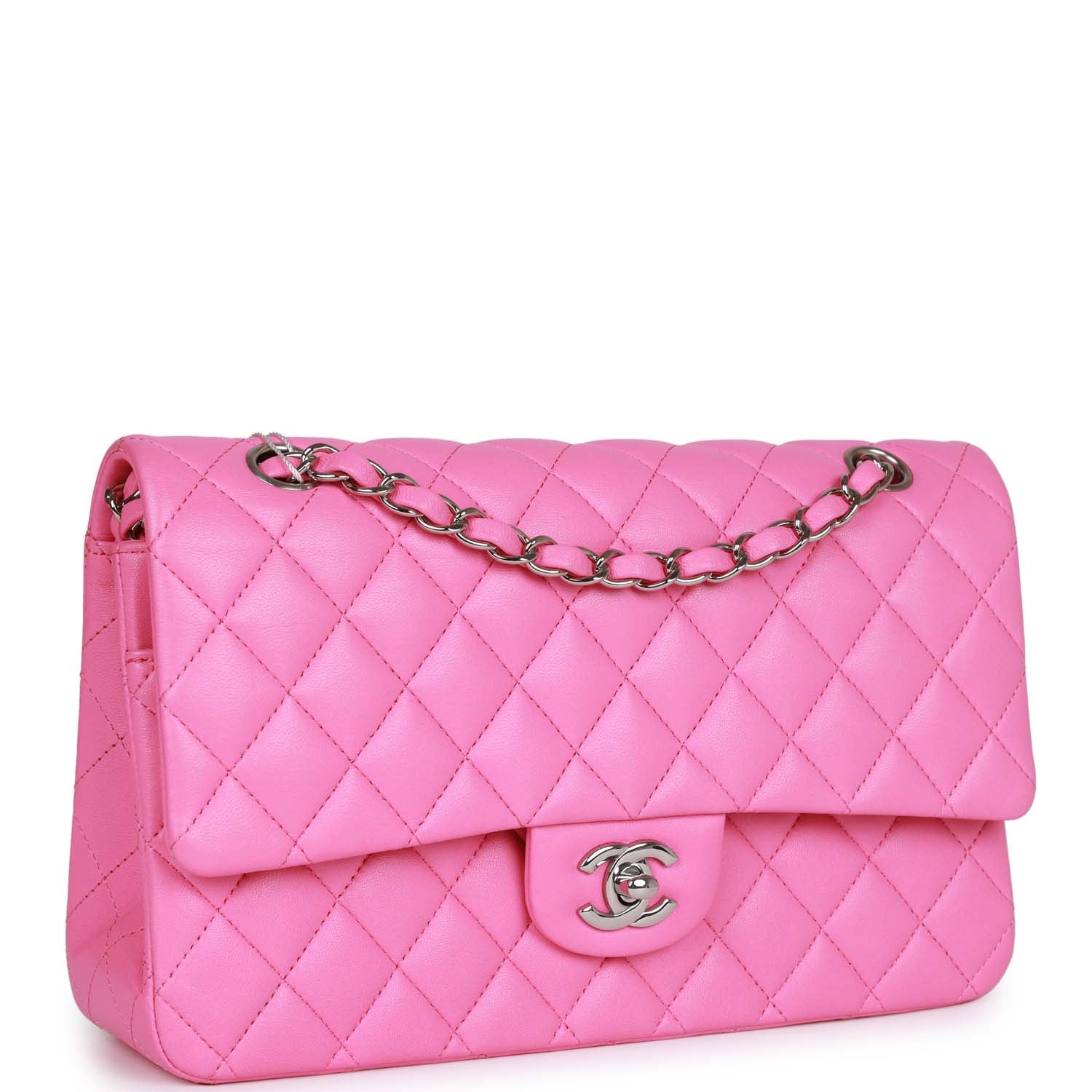 Pre-owned Chanel Medium Classic Double Flap Bag Neon Pink Lambskin Silver Hardware - Image 2