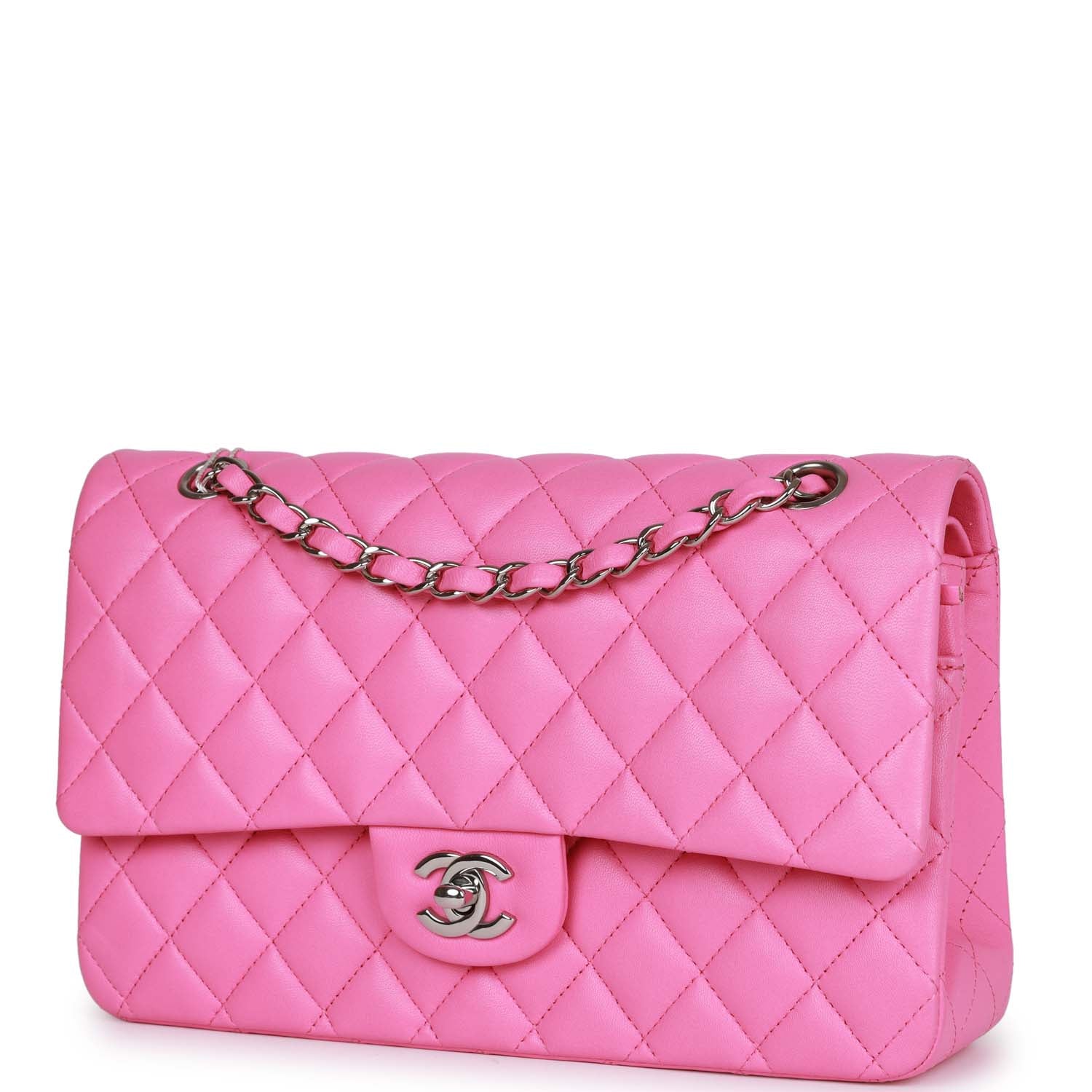 Pre-owned Chanel Medium Classic Double Flap Bag Neon Pink Lambskin Silver Hardware - Image 5