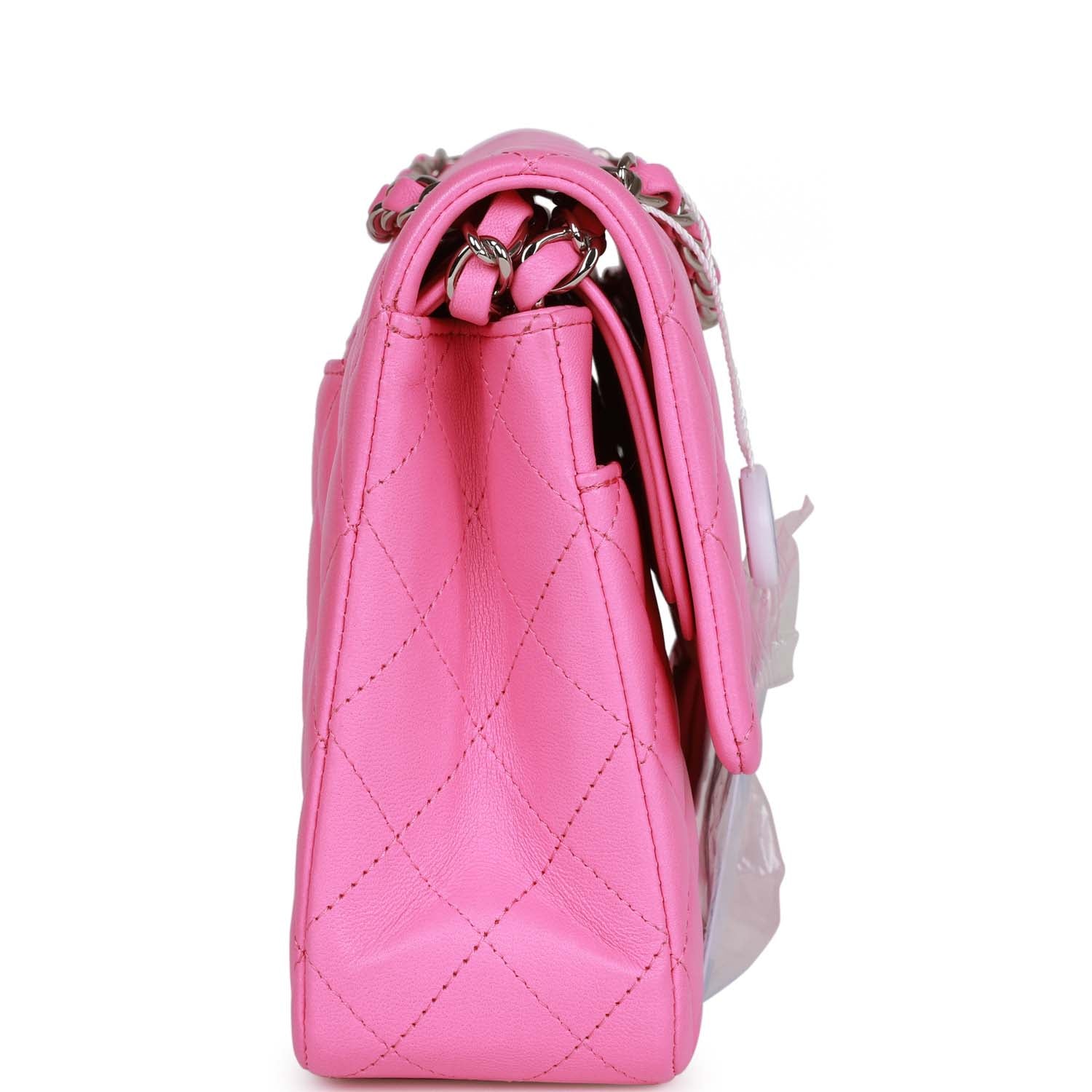 Pre-owned Chanel Medium Classic Double Flap Bag Neon Pink Lambskin Silver Hardware - Image 3