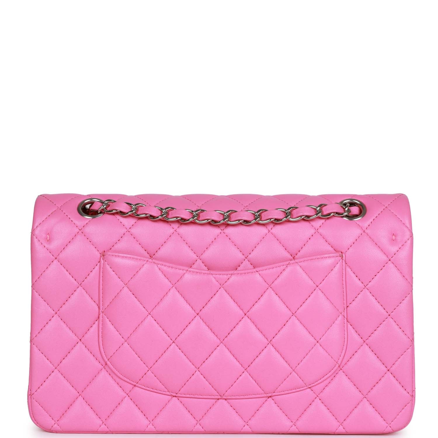 Pre-owned Chanel Medium Classic Double Flap Bag Neon Pink Lambskin Silver Hardware - Image 4