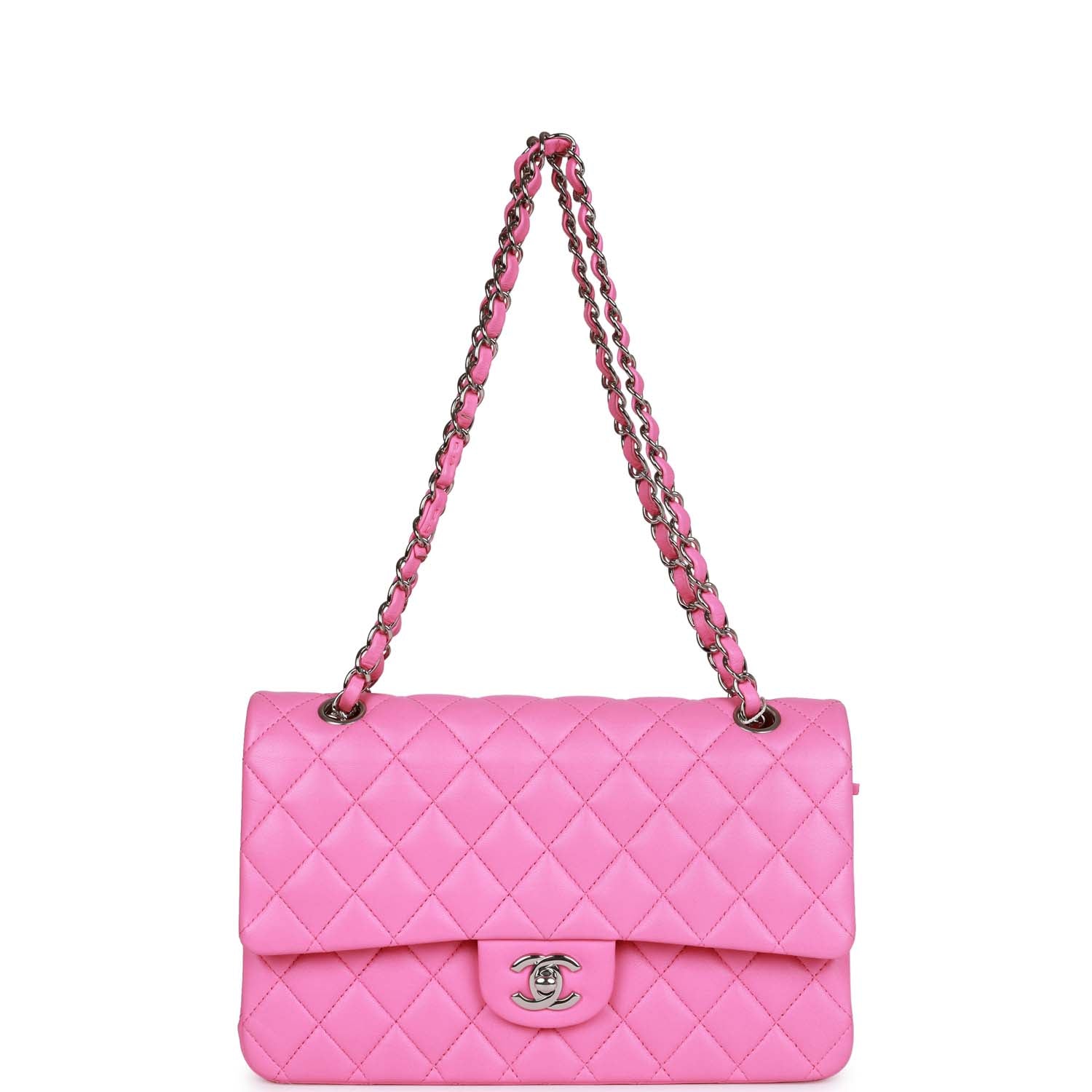 Pre-owned Chanel Medium Classic Double Flap Bag Neon Pink Lambskin Silver Hardware - Image 7