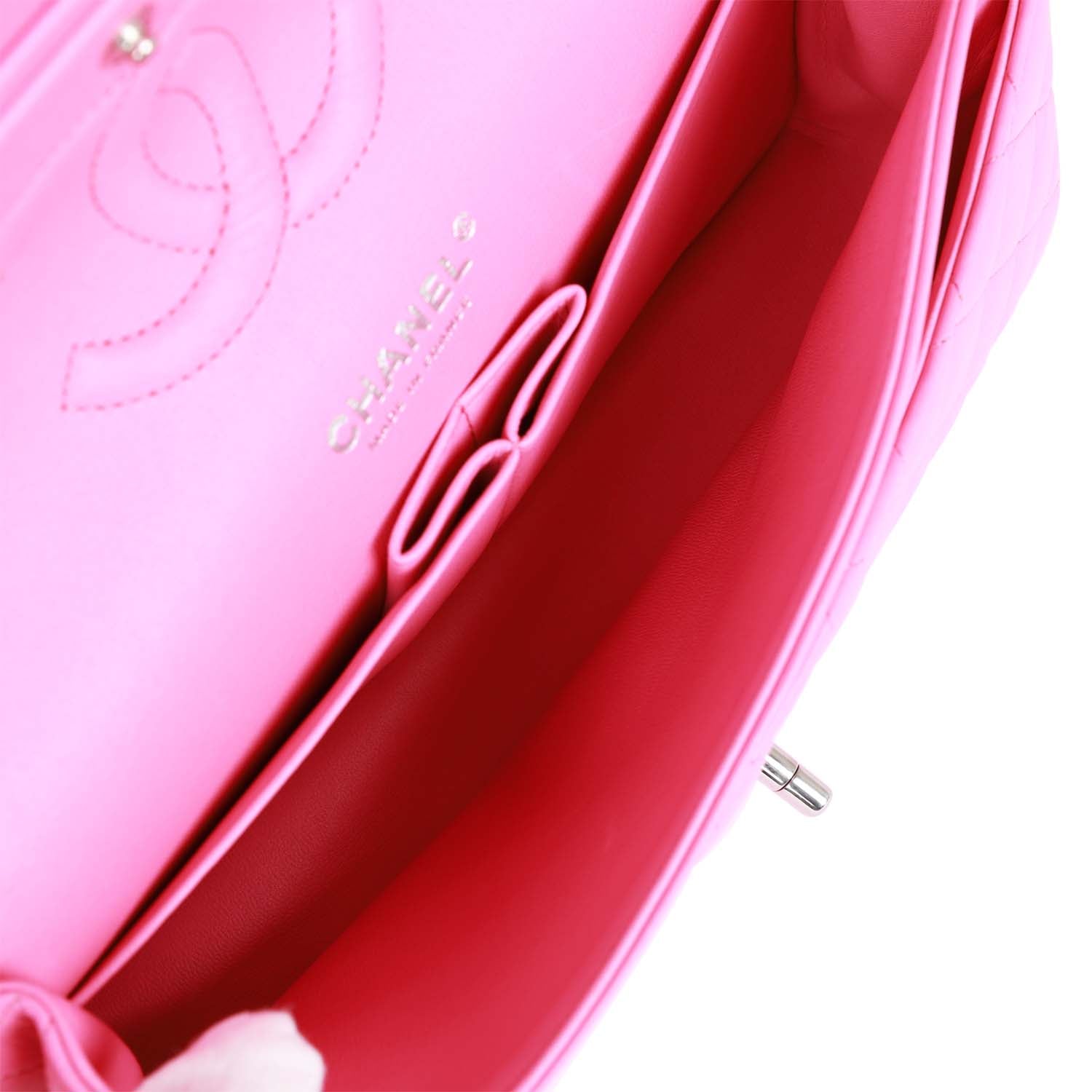 Pre-owned Chanel Medium Classic Double Flap Bag Neon Pink Lambskin Silver Hardware - Image 9