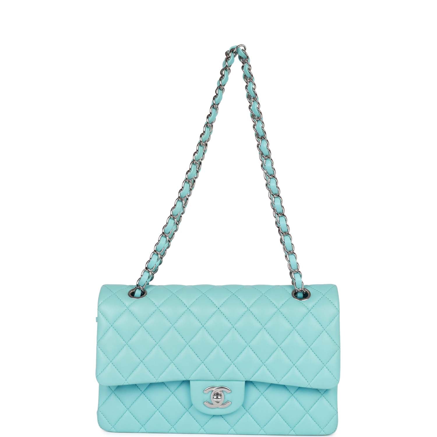 Chanel Medium Classic Double Flap Bag Blue Lambskin Silver Hardware - Image 7