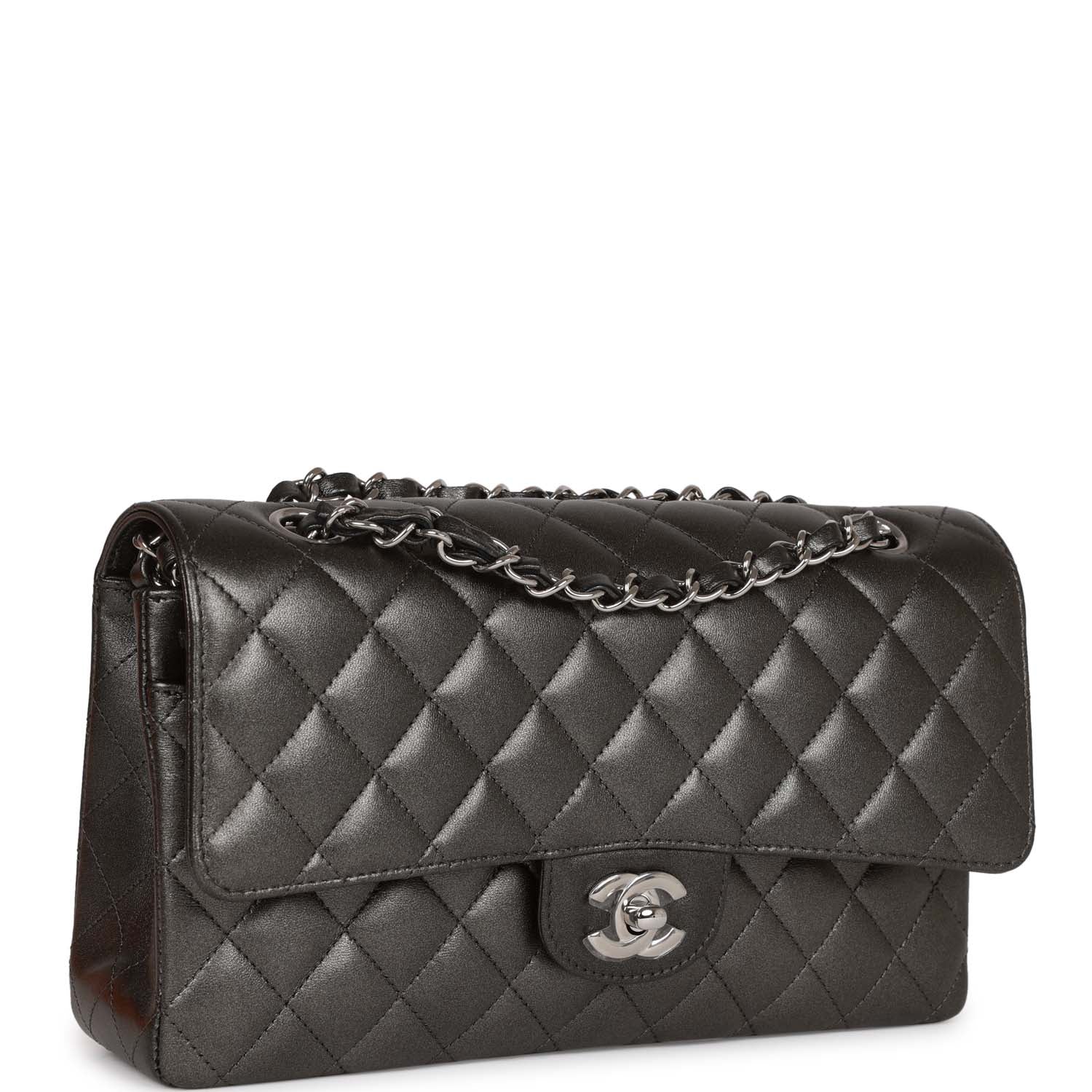Chanel Medium Classic Double Flap Bag Metallic Grey Lambskin Silver Hardware - Image 2