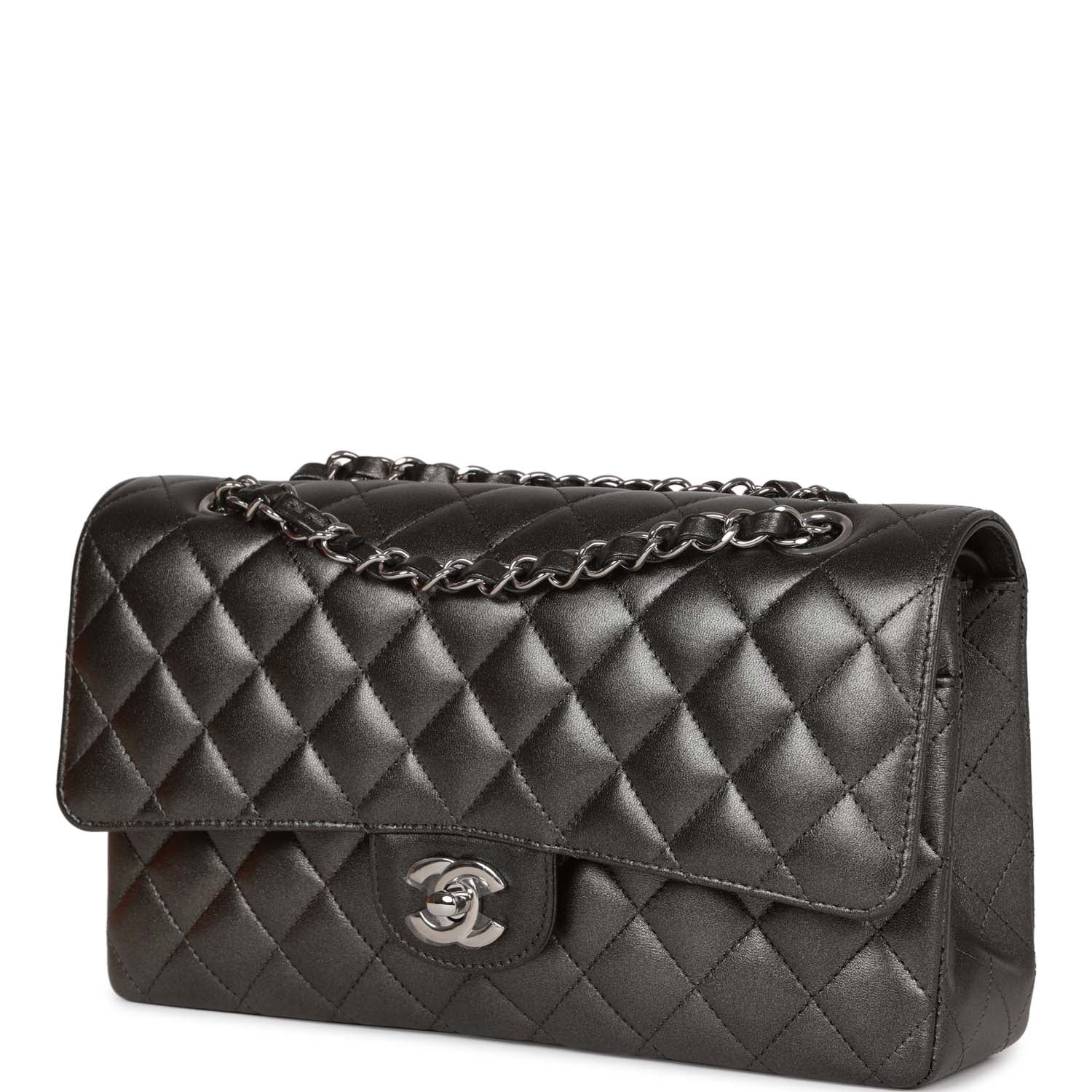 Chanel Medium Classic Double Flap Bag Metallic Grey Lambskin Silver Hardware - Image 5