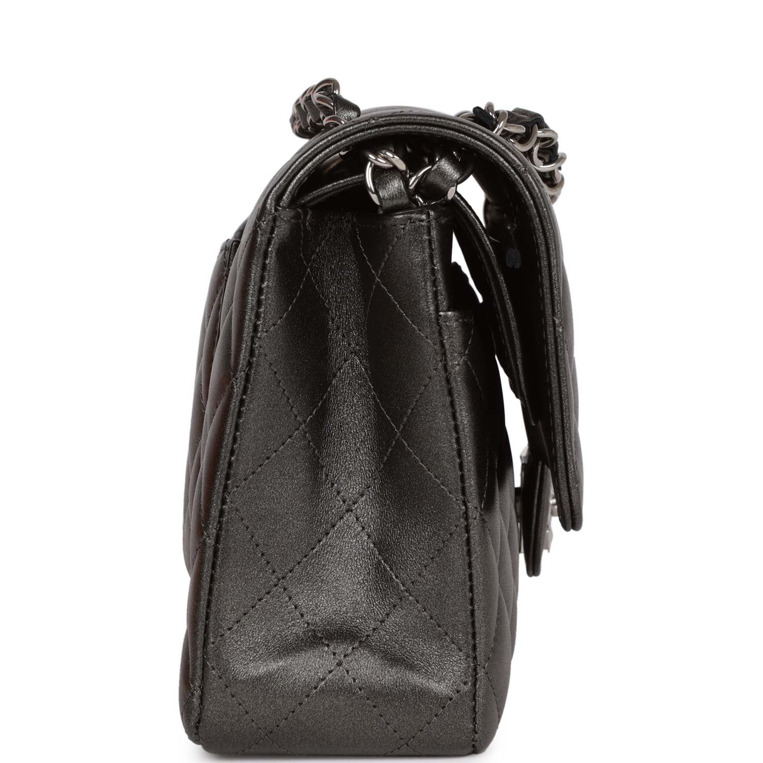 Chanel Medium Classic Double Flap Bag Metallic Grey Lambskin Silver Hardware - Image 3
