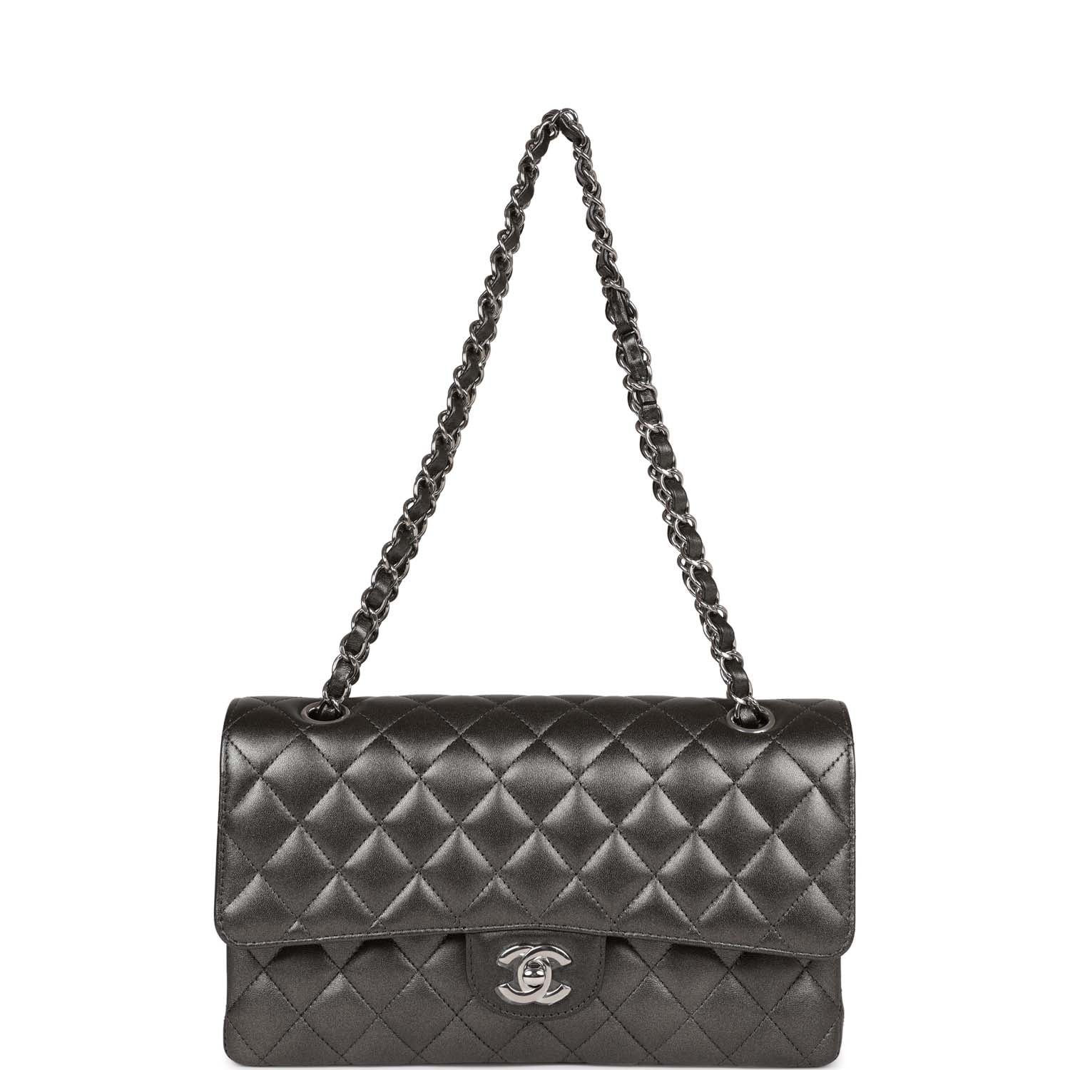 Chanel Medium Classic Double Flap Bag Metallic Grey Lambskin Silver Hardware - Image 7