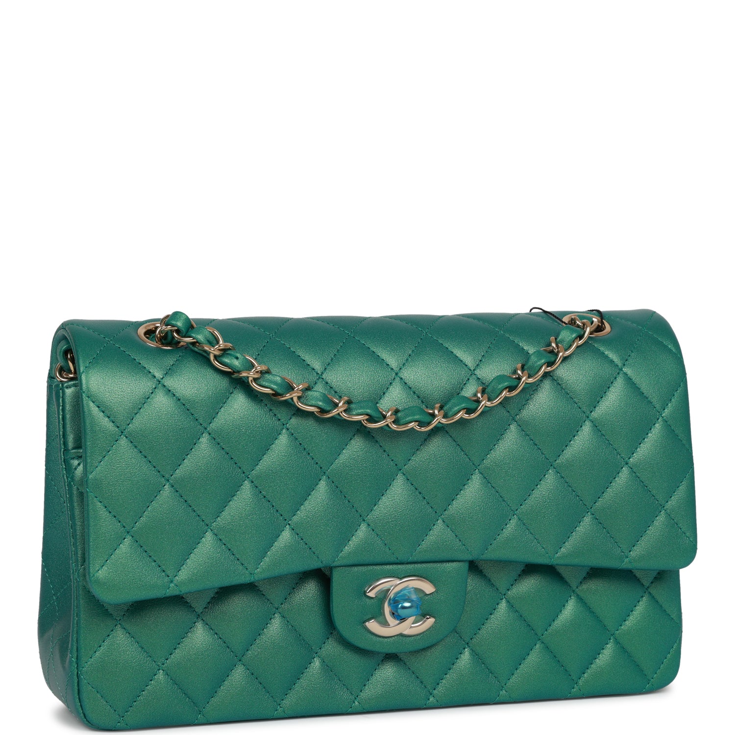 Chanel Medium Classic Double Flap Bag Green Iridescent Lambskin Light Gold Hardware - Image 2