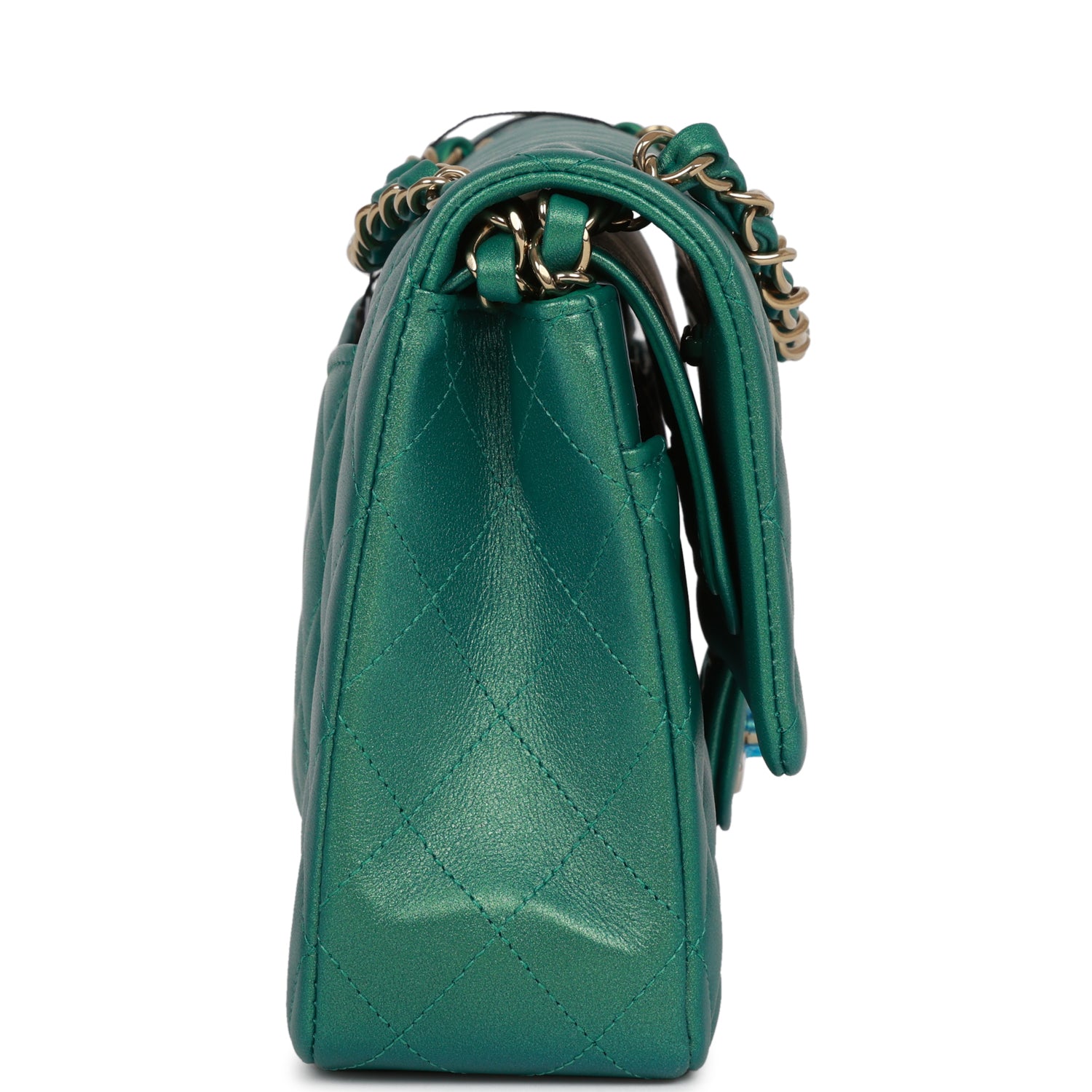 Chanel Medium Classic Double Flap Bag Green Iridescent Lambskin Light Gold Hardware - Image 3