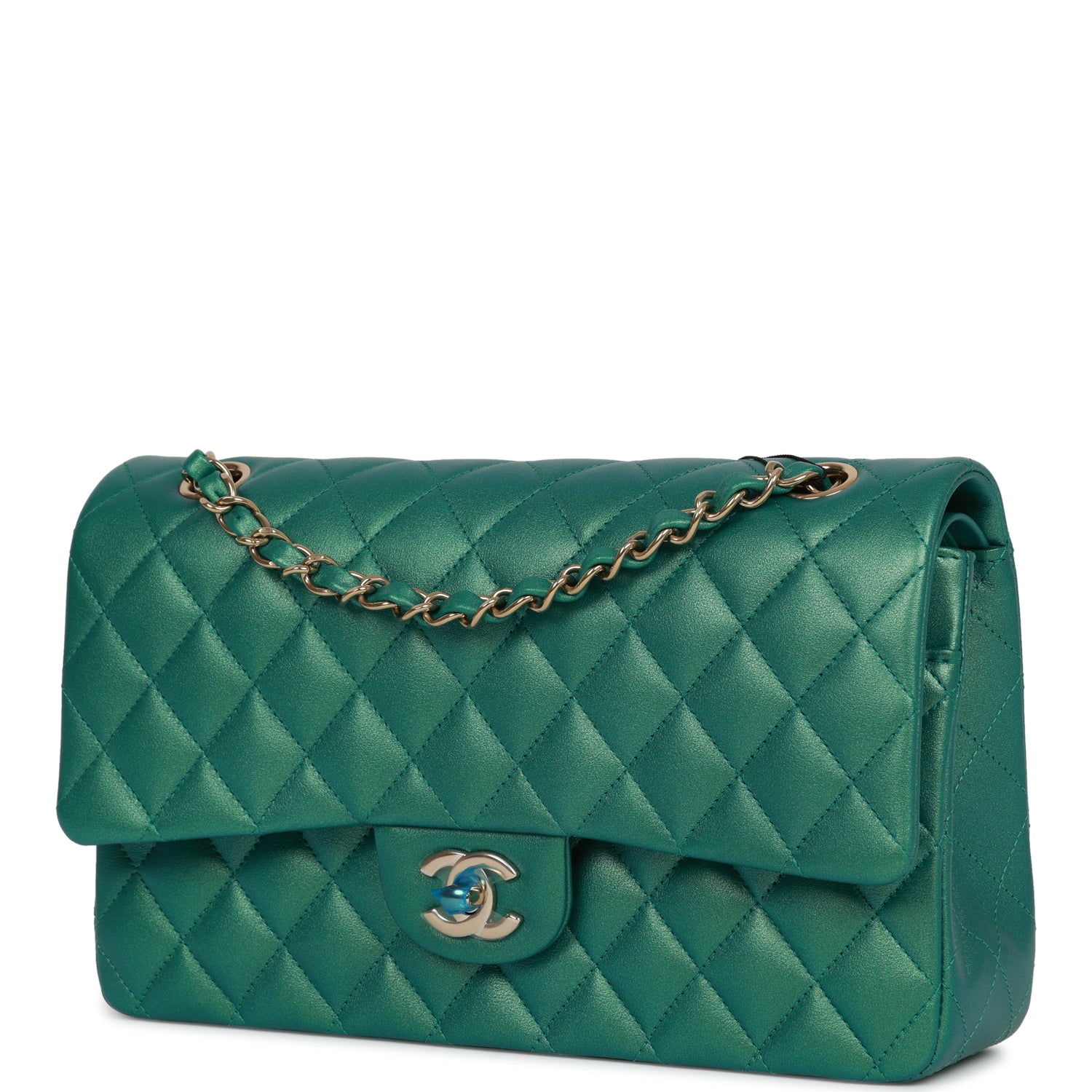 Chanel Medium Classic Double Flap Bag Green Iridescent Lambskin Light Gold Hardware - Image 5
