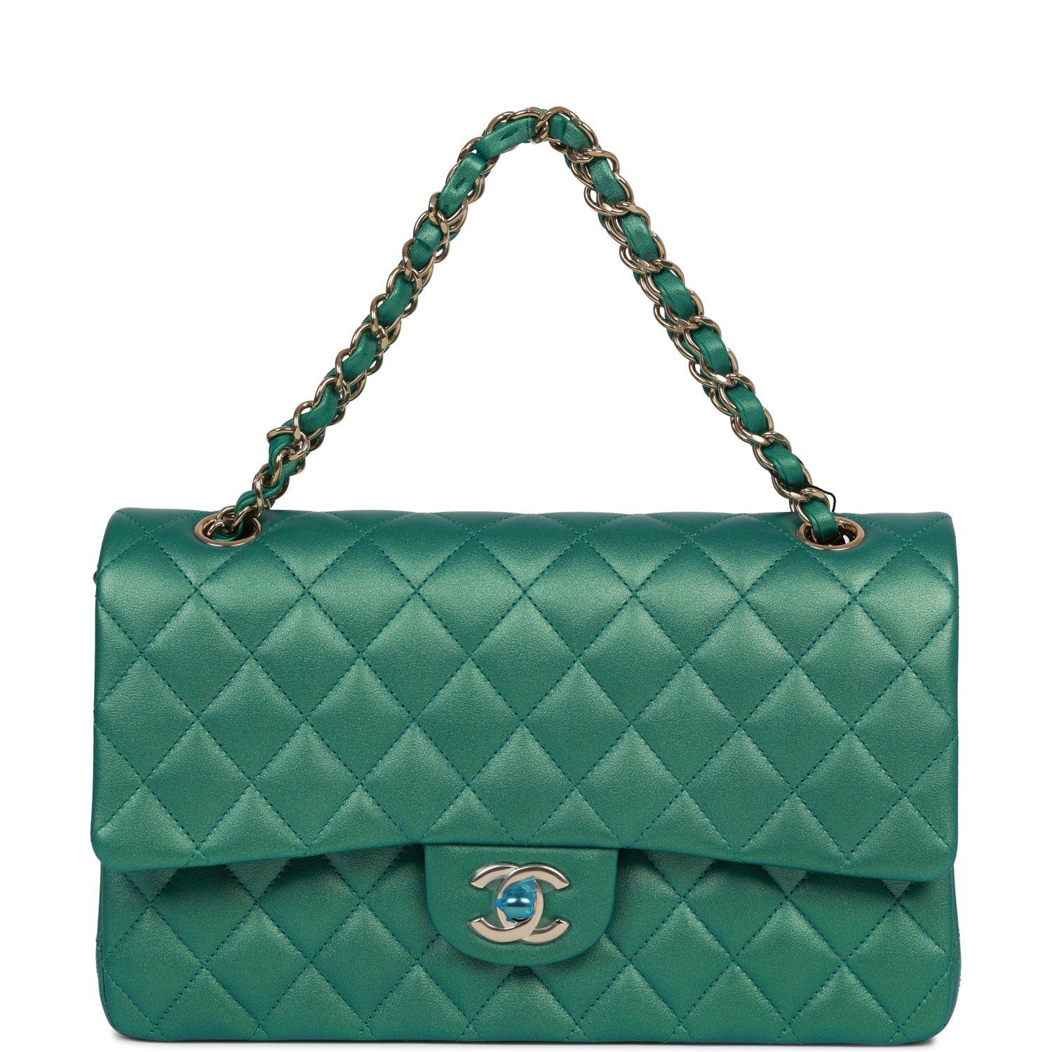Chanel Medium Classic Double Flap Bag Green Iridescent Lambskin Light Gold Hardware - Image 7