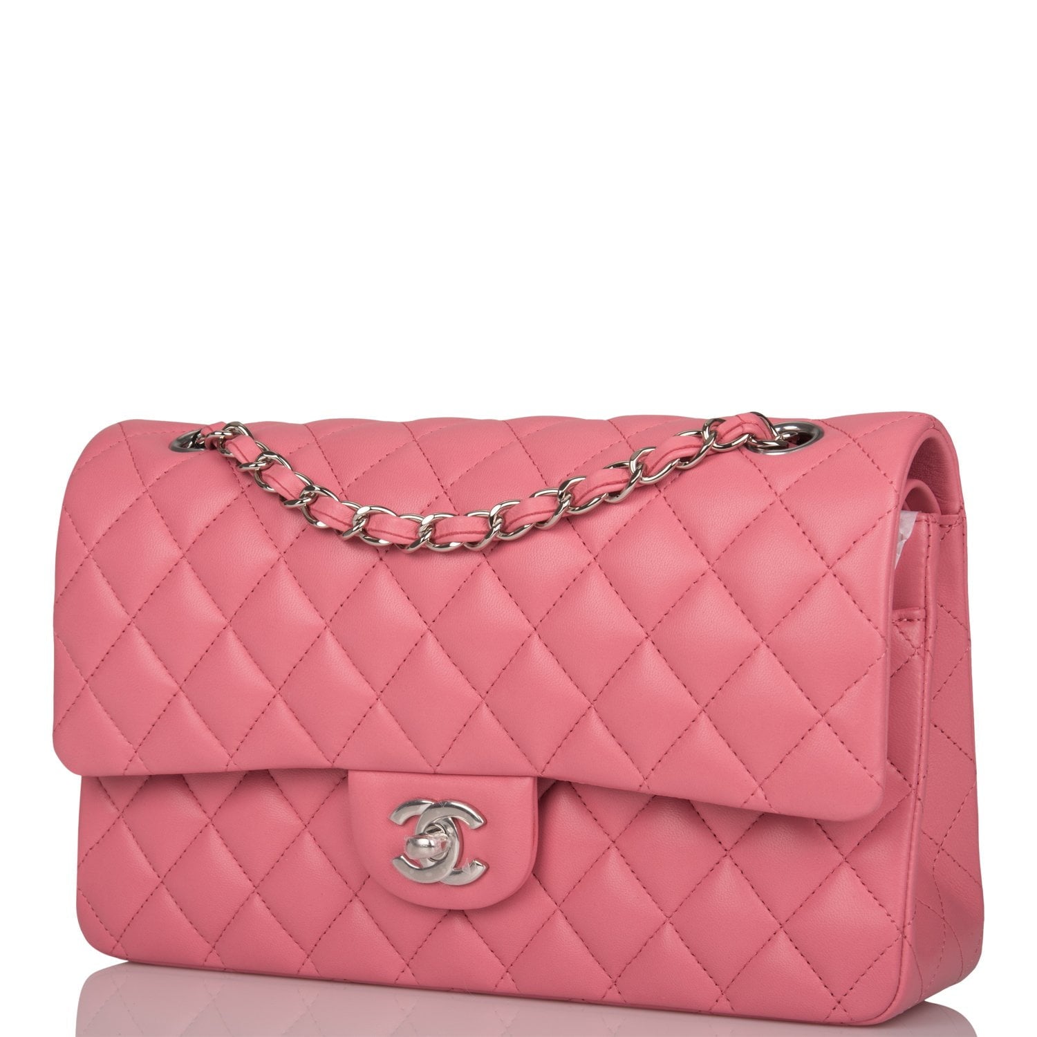 Chanel Medium Classic Double Flap Bag Rose Quilted Lambskin Silver Hardware - Image 5