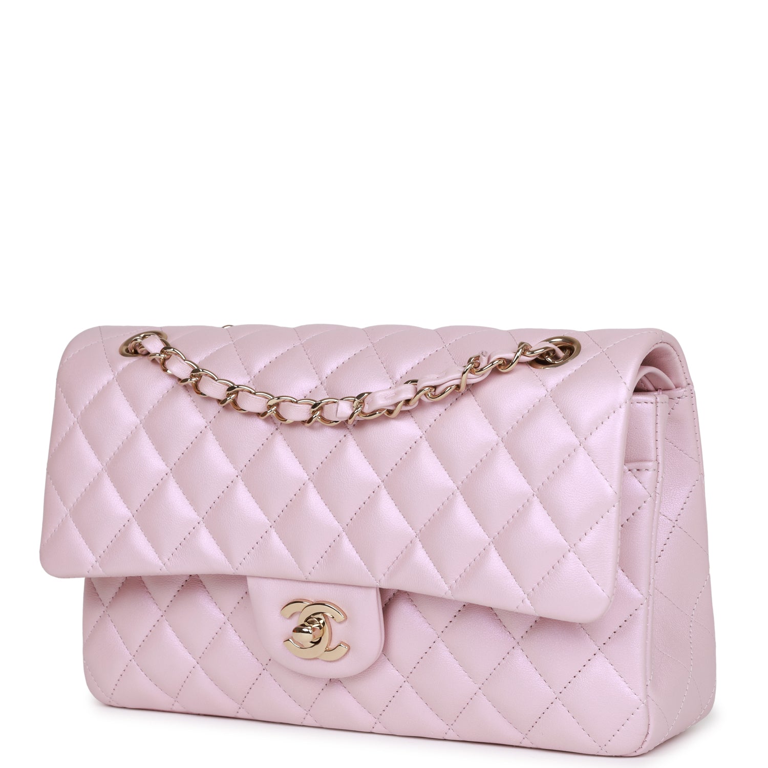 Chanel Medium Classic Double Flap Bag Pink Iridescent Lambskin Light Gold Hardware - Image 3