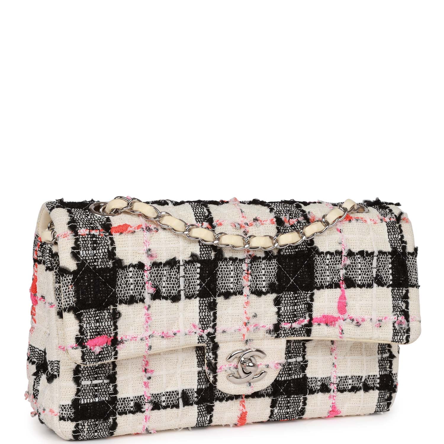 Pre-owned Chanel Medium Classic Double Flap Bag White, Black, and Pink Tweed Silver Hardware - Image 2