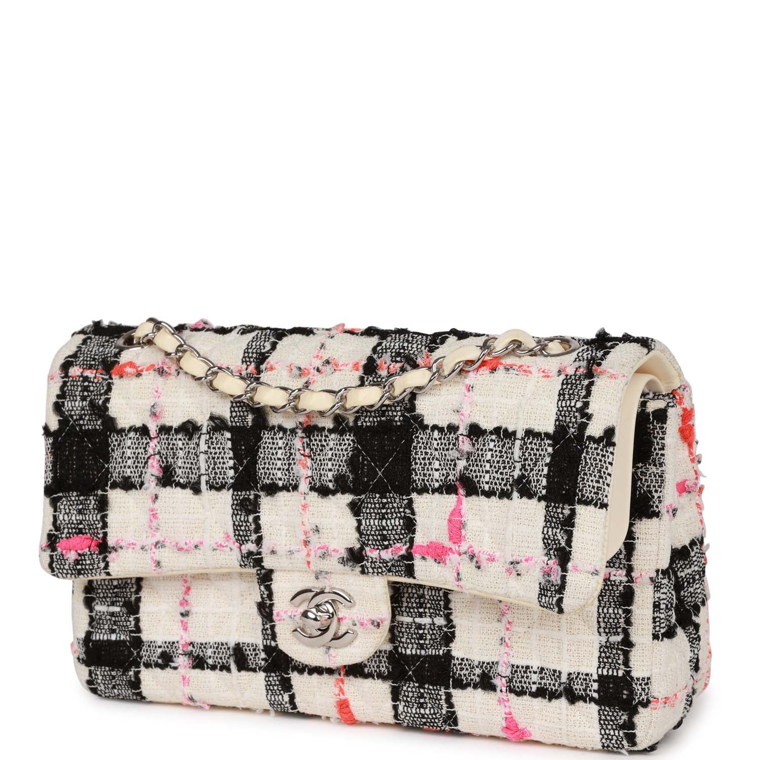 Pre-owned Chanel Medium Classic Double Flap Bag White, Black, and Pink Tweed Silver Hardware - Image 5