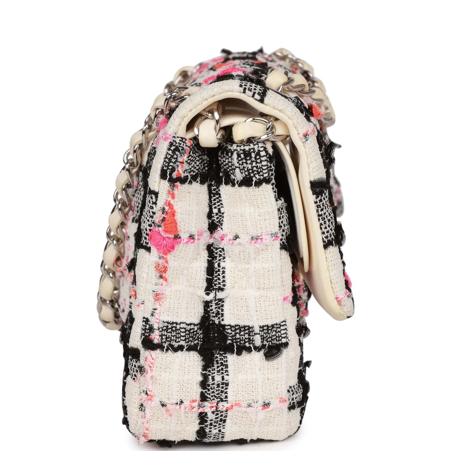 Pre-owned Chanel Medium Classic Double Flap Bag White, Black, and Pink Tweed Silver Hardware - Image 3