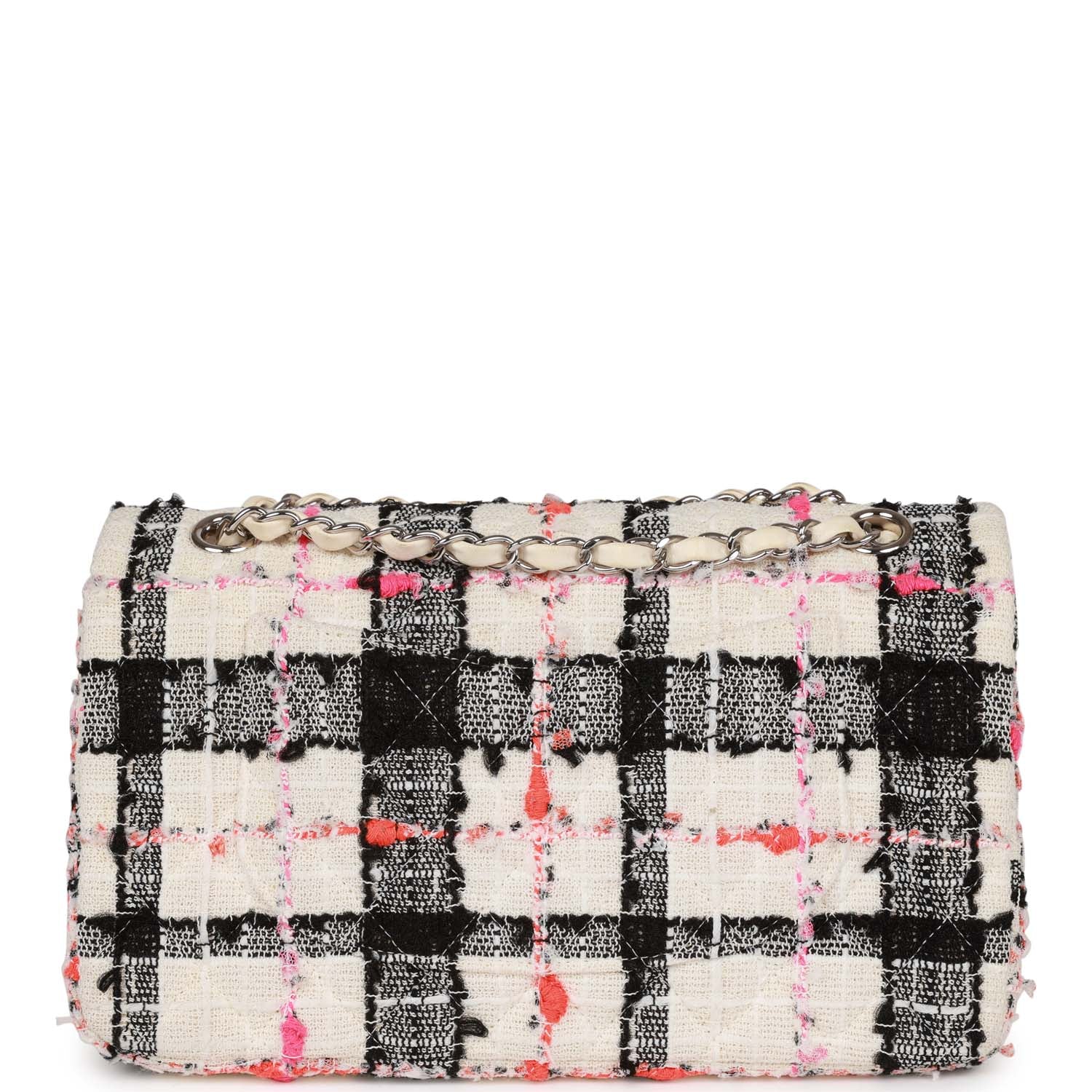 Pre-owned Chanel Medium Classic Double Flap Bag White, Black, and Pink Tweed Silver Hardware - Image 4