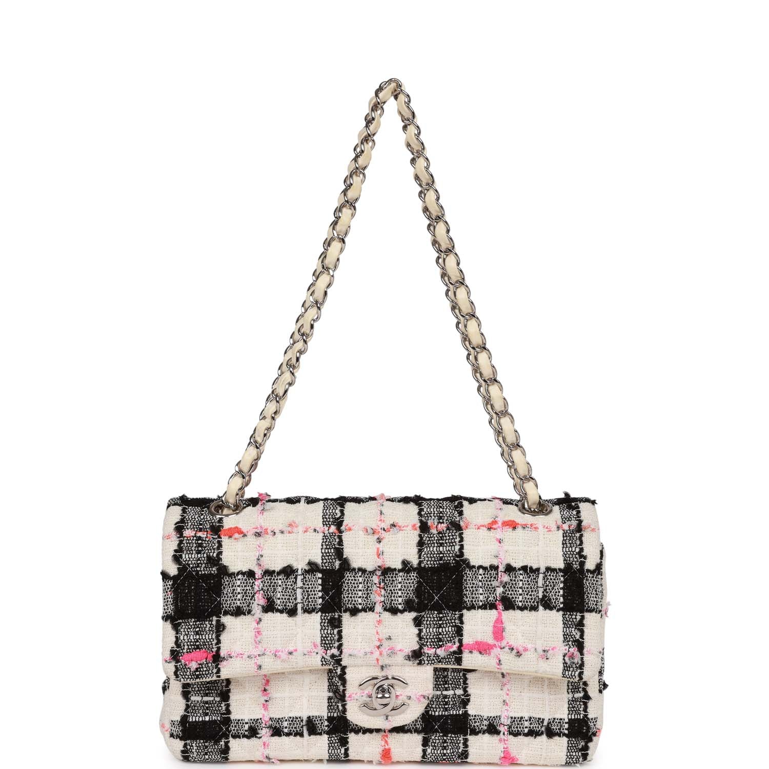 Pre-owned Chanel Medium Classic Double Flap Bag White, Black, and Pink Tweed Silver Hardware - Image 7